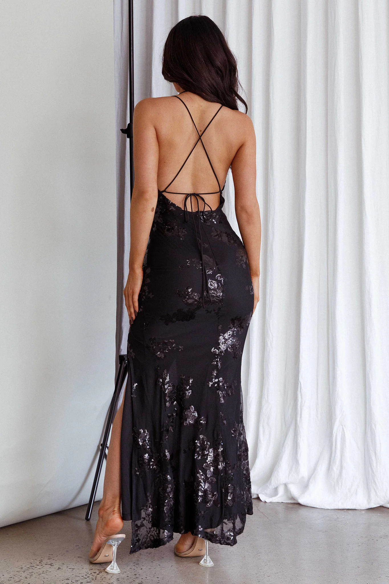 Haylan Sequin Backless Midi Dress Black - Seraphlike
