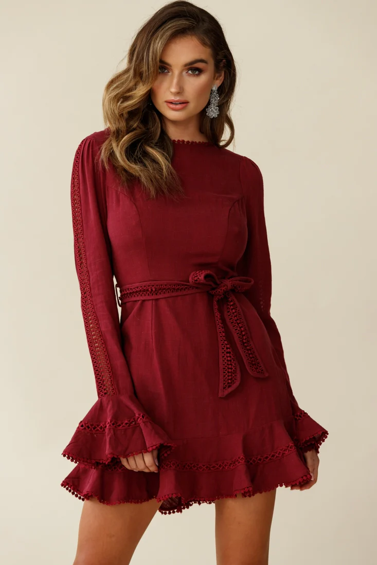 Aspley Flare Cuff Waist Tie Dress Antique Rose - Seraphlike