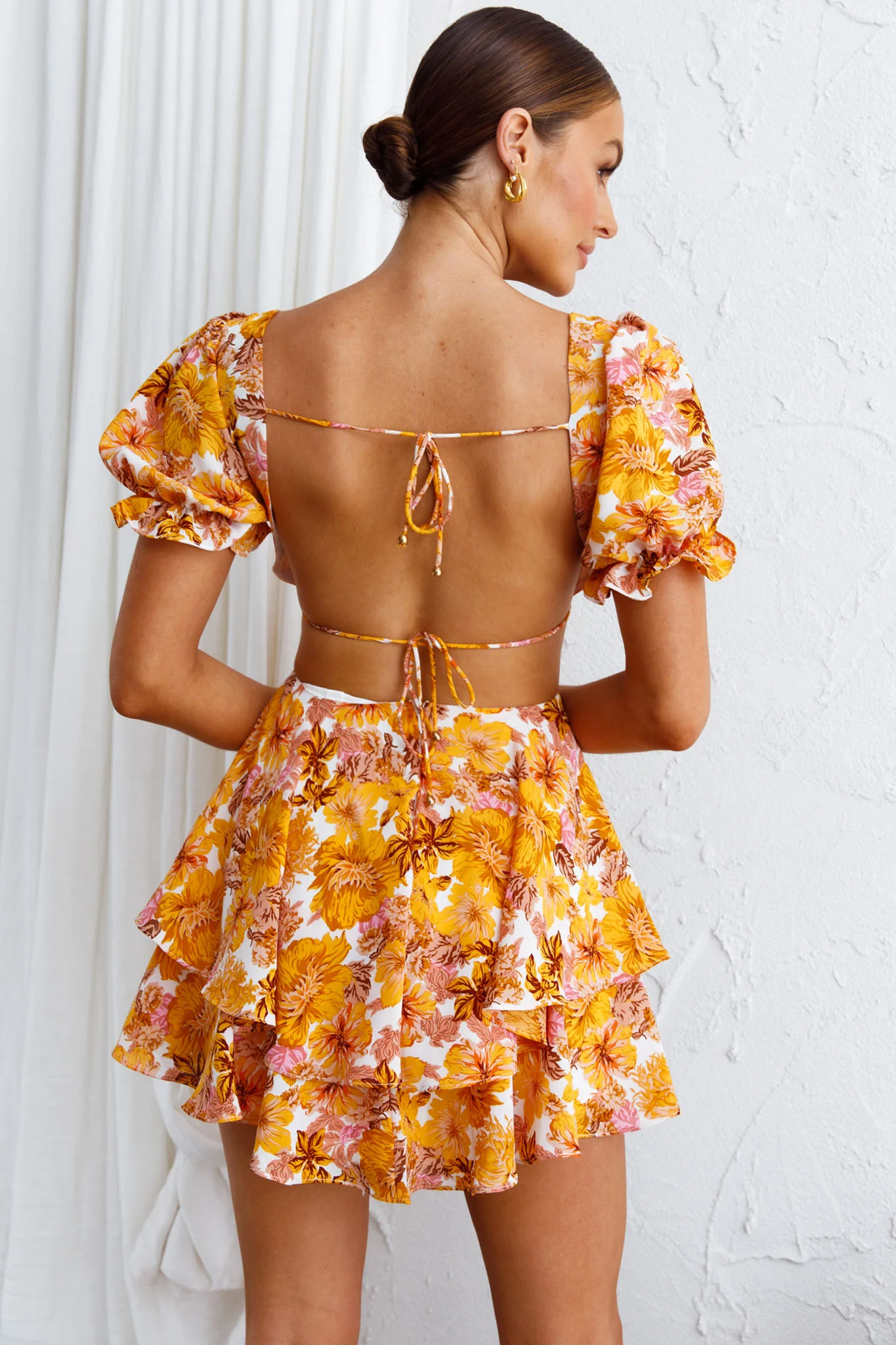 Orianthi Cut-Out Waist Mini Dress Floral Yellow - Seraphlike