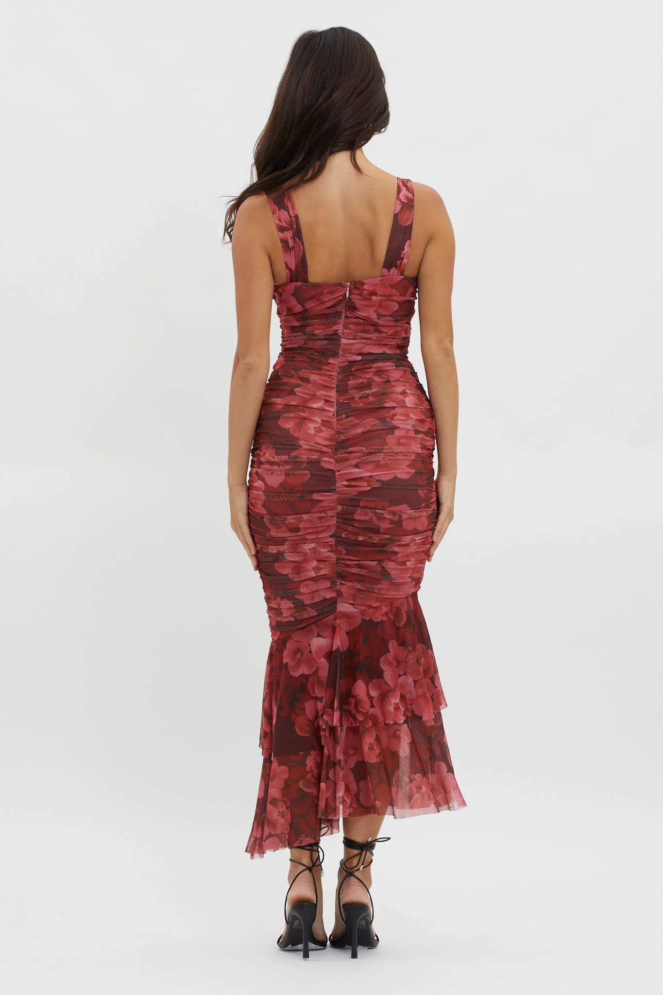 Nadia Ruched Fishtail Midi Dress Floral Wine - Seraphlike