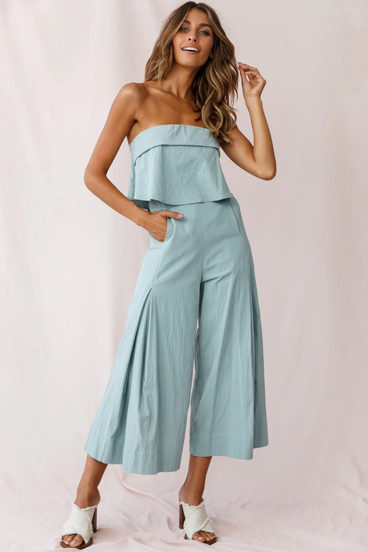 Saturday Layered Bandeau Wide Leg Capri Jumpsuit Sage - Seraphlike