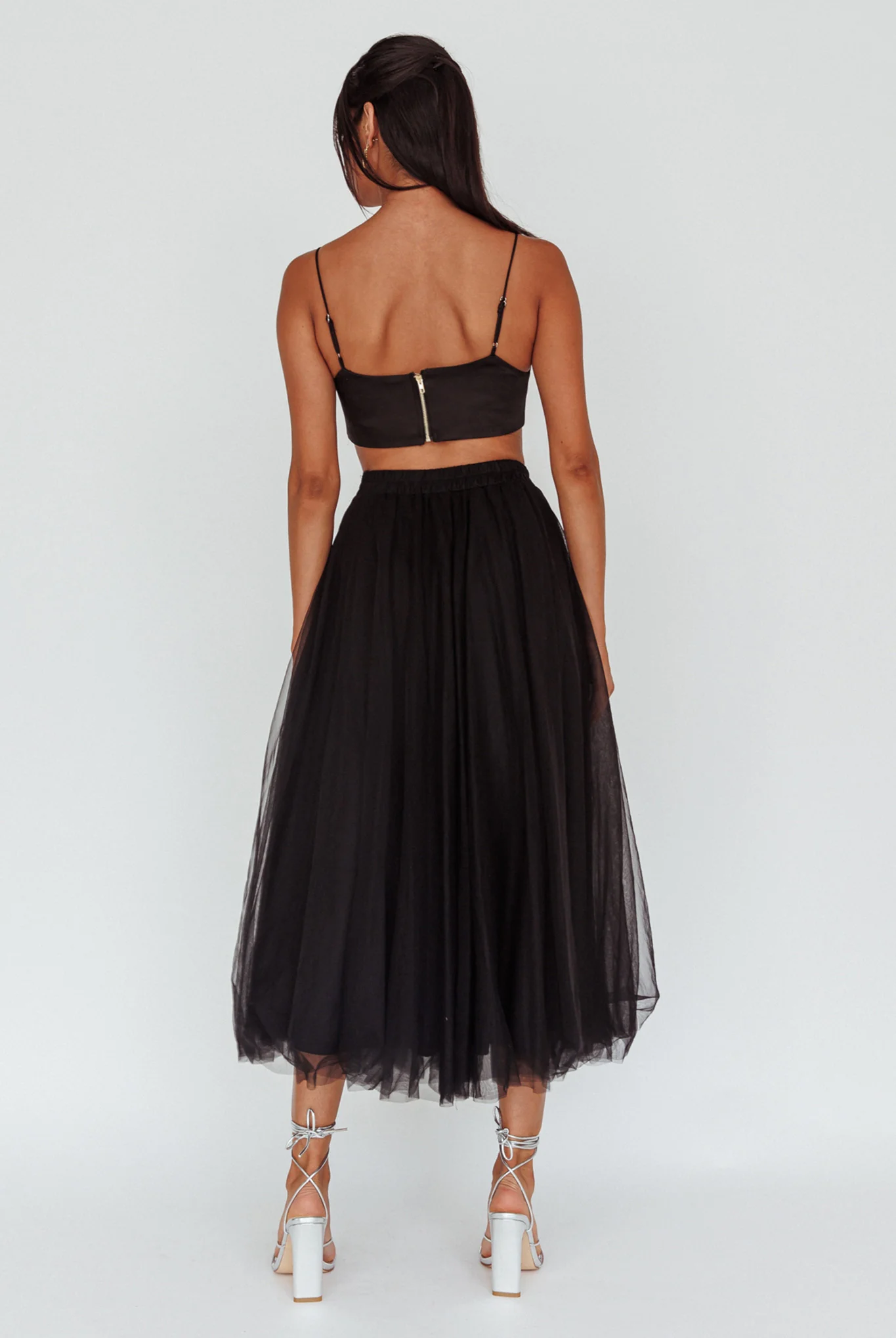 Jasmine Organza Mesh Elasticated Waist Midi Skirt Black - Seraphlike