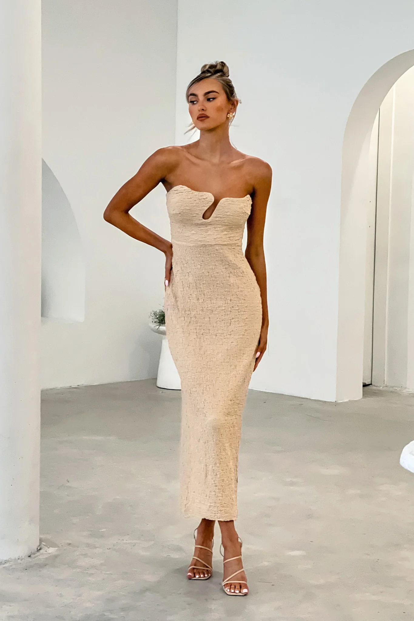 Horizon Strapless Textured Midi Dress Nude - Seraphlike