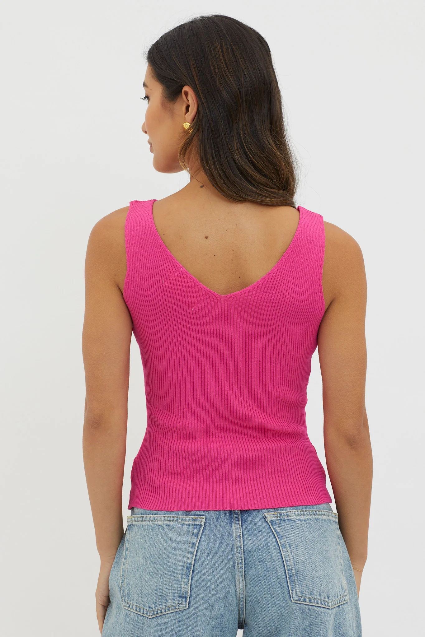 Off-Duty V-Neck Ribbed Knit Top Hot Pink - Seraphlike
