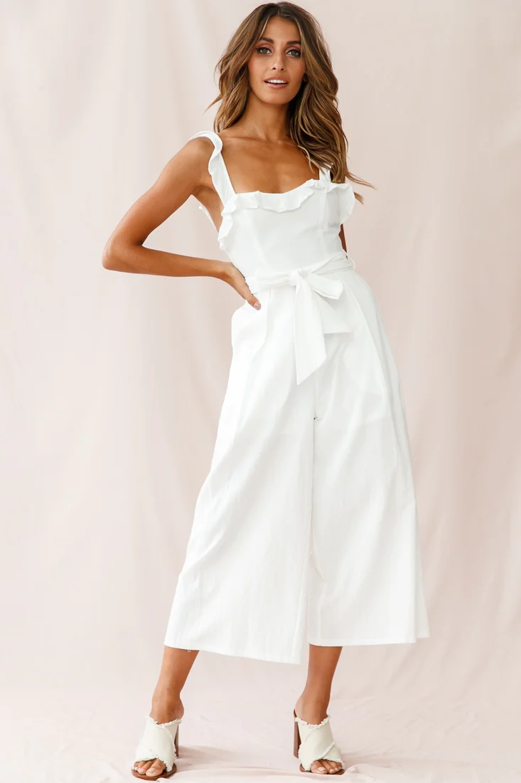 Kaia Ruffle Strap Wide-Leg Capri Jumpsuit White - Seraphlike