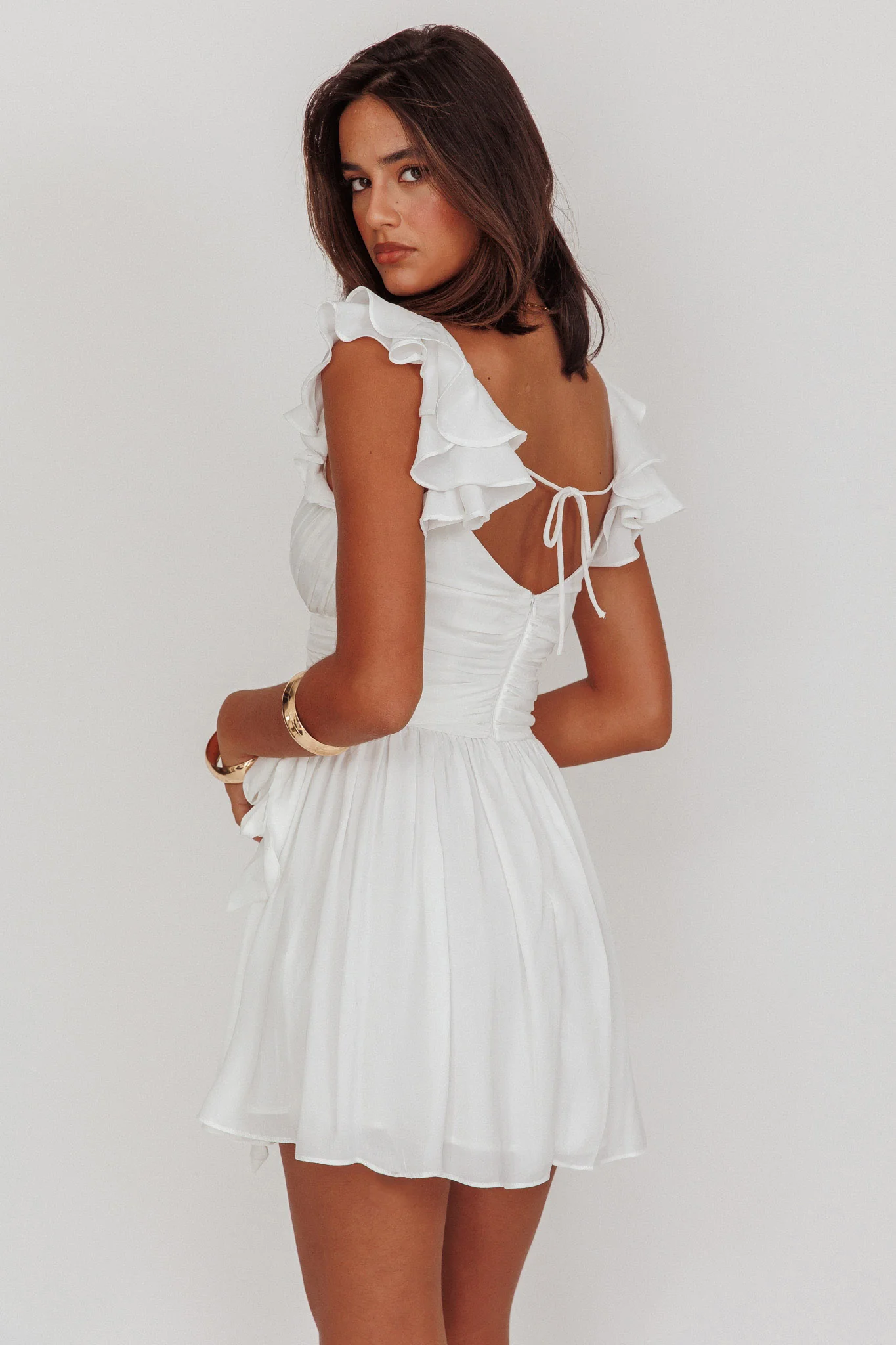 Lola Ruffle Shoulder Ruched Dress White - Seraphlike