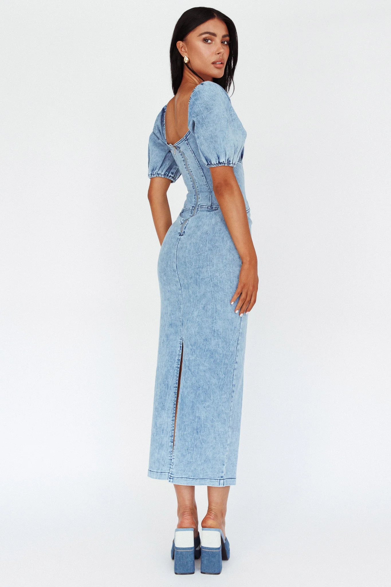 Juneau Puff Sleeve Midi Dress Denim Blue - Seraphlike