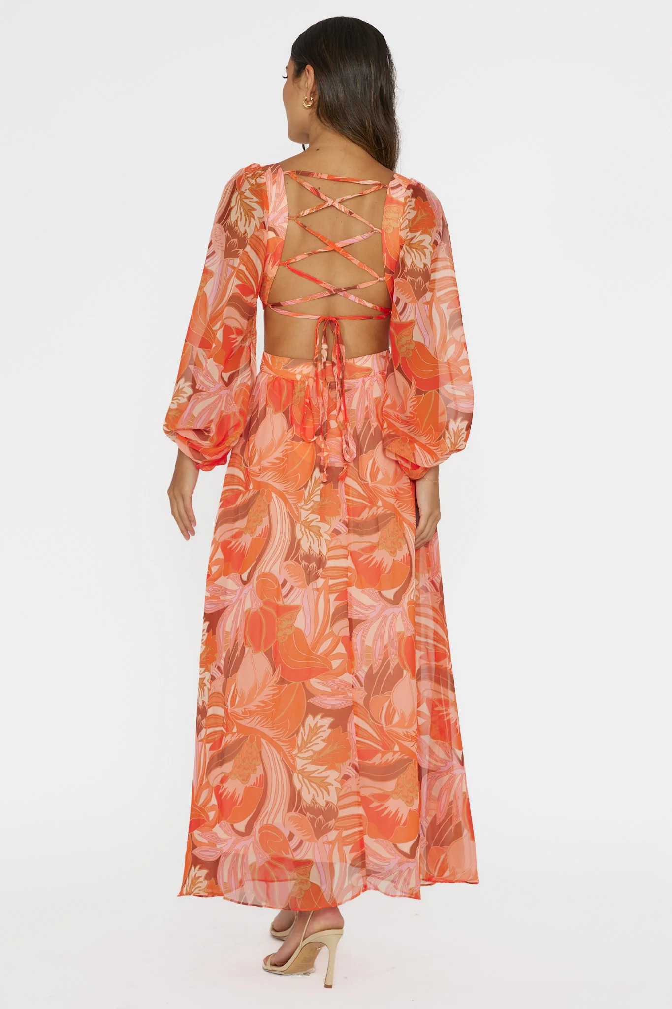 Maura Long Sleeve Lace-Up Back Dress Floral Orange - Seraphlike
