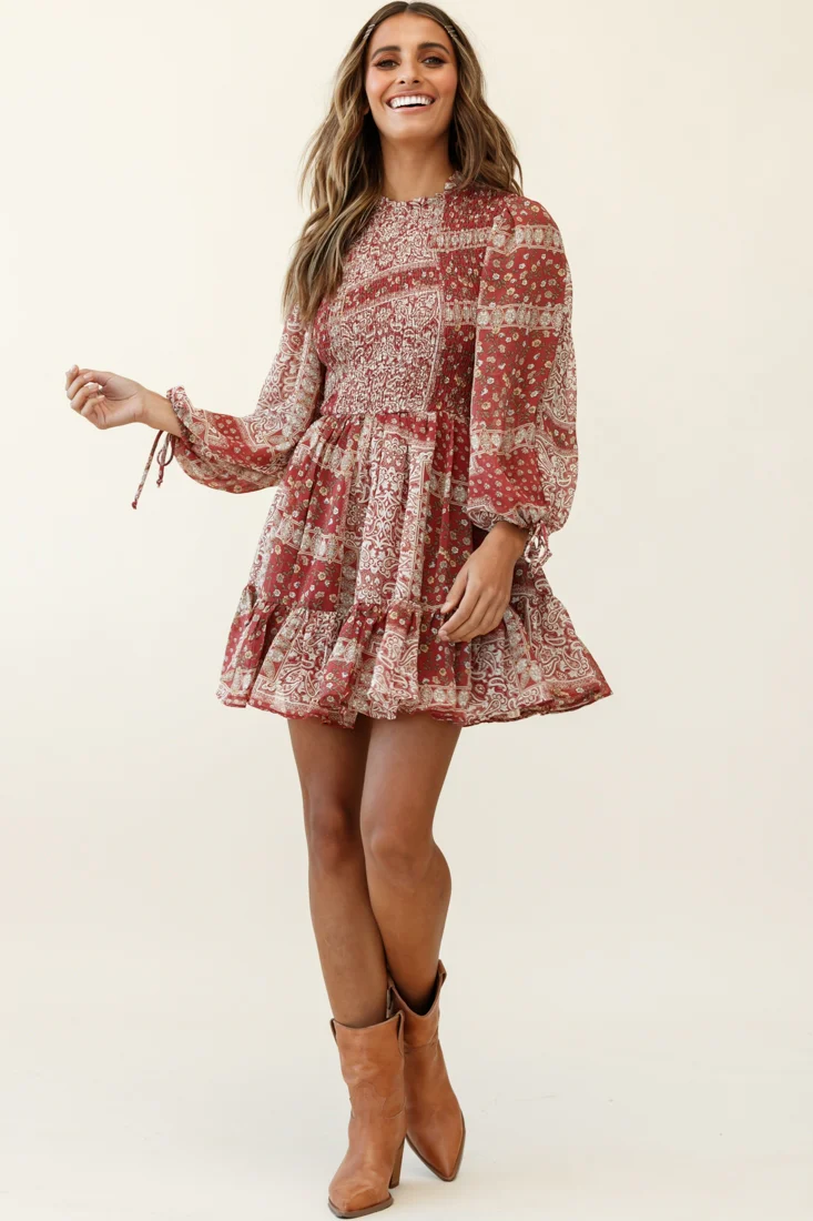 Marja Long Balloon Sleeve Shirred Dress Paisley Print Burgundy - Seraphlike