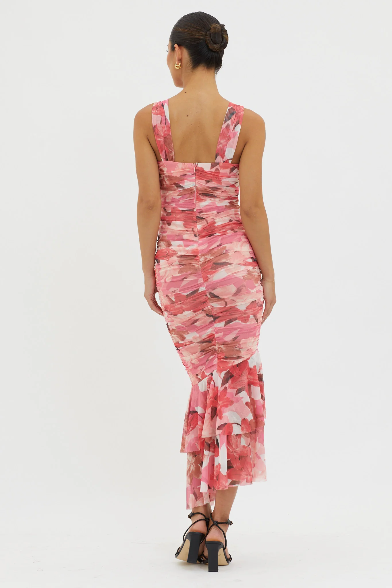 Nadia Ruched Fishtail Midi Dress Floral Pink - Seraphlike
