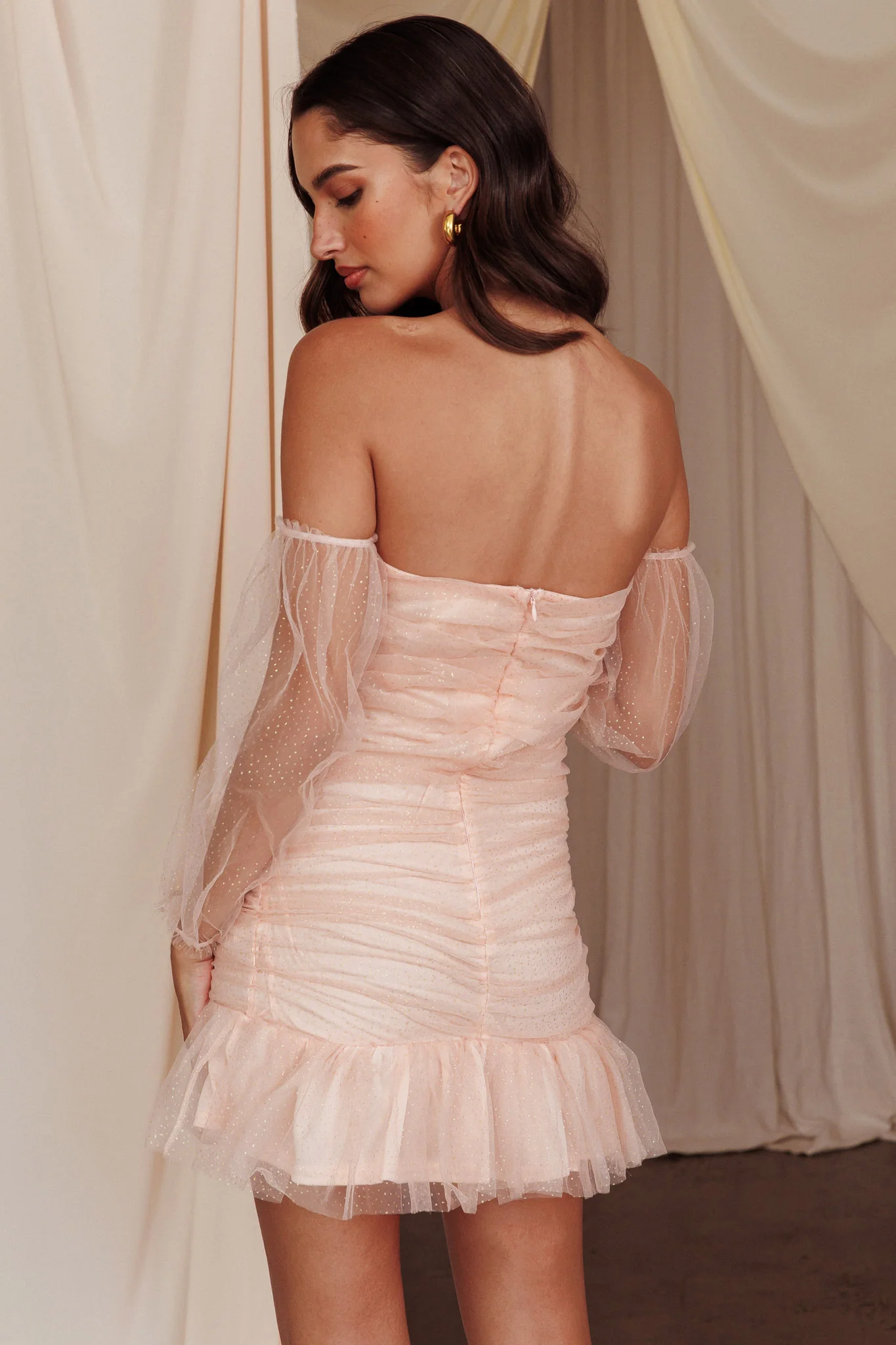 Moment In Time Off-Shoulder Mini Dress Peach/Gold - Seraphlike