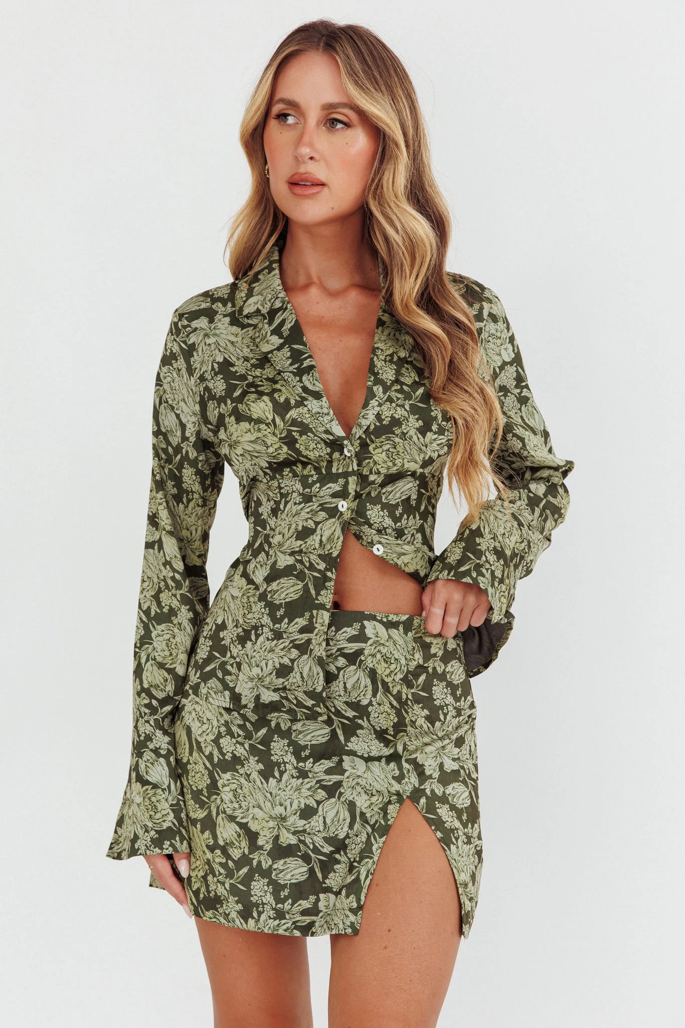 Palmas Split Mini Skirt Floral Olive - Seraphlike