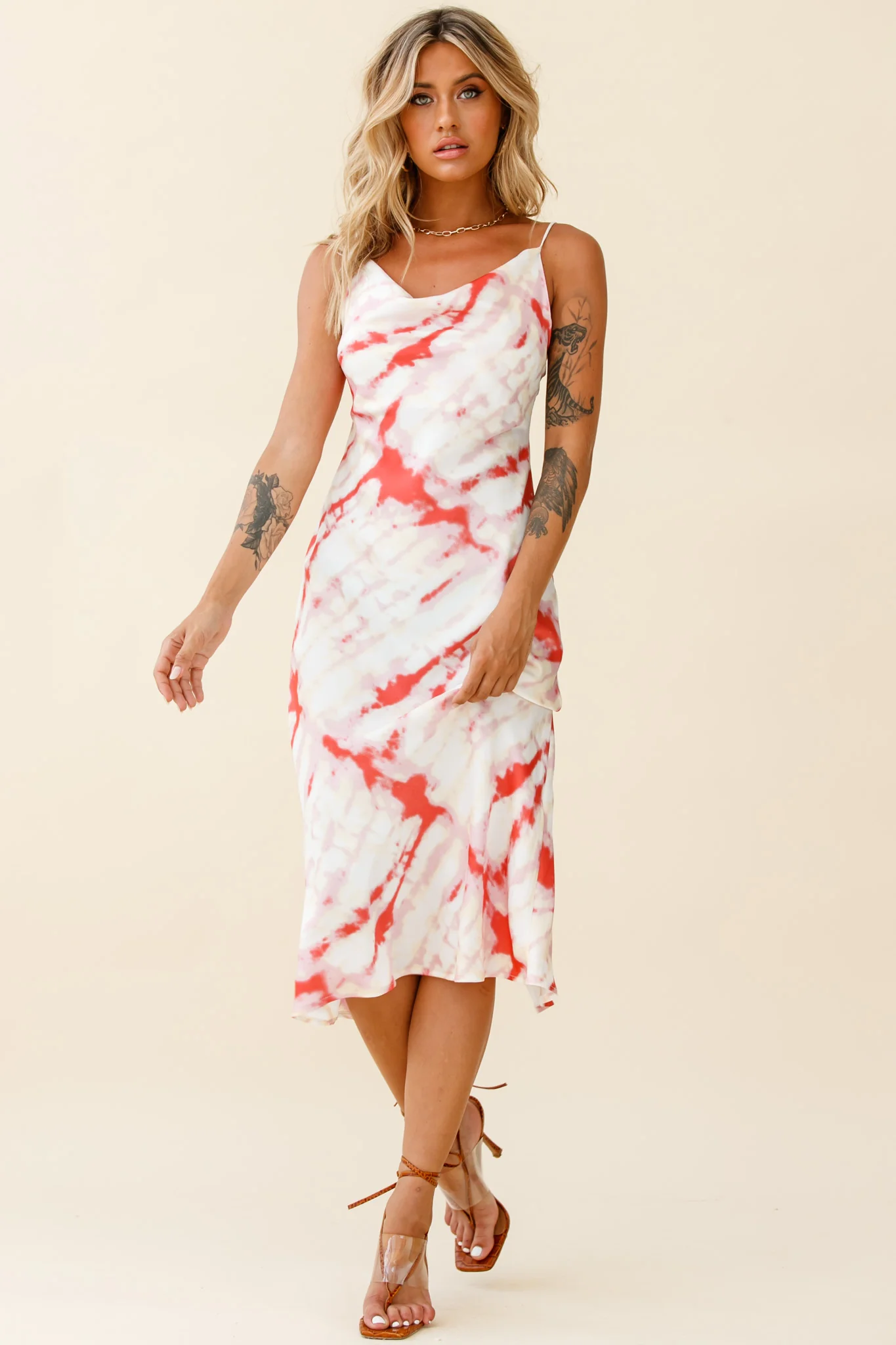 Show Me Love Cowl Neck Midi Dress Tie-Dye Red - Seraphlike