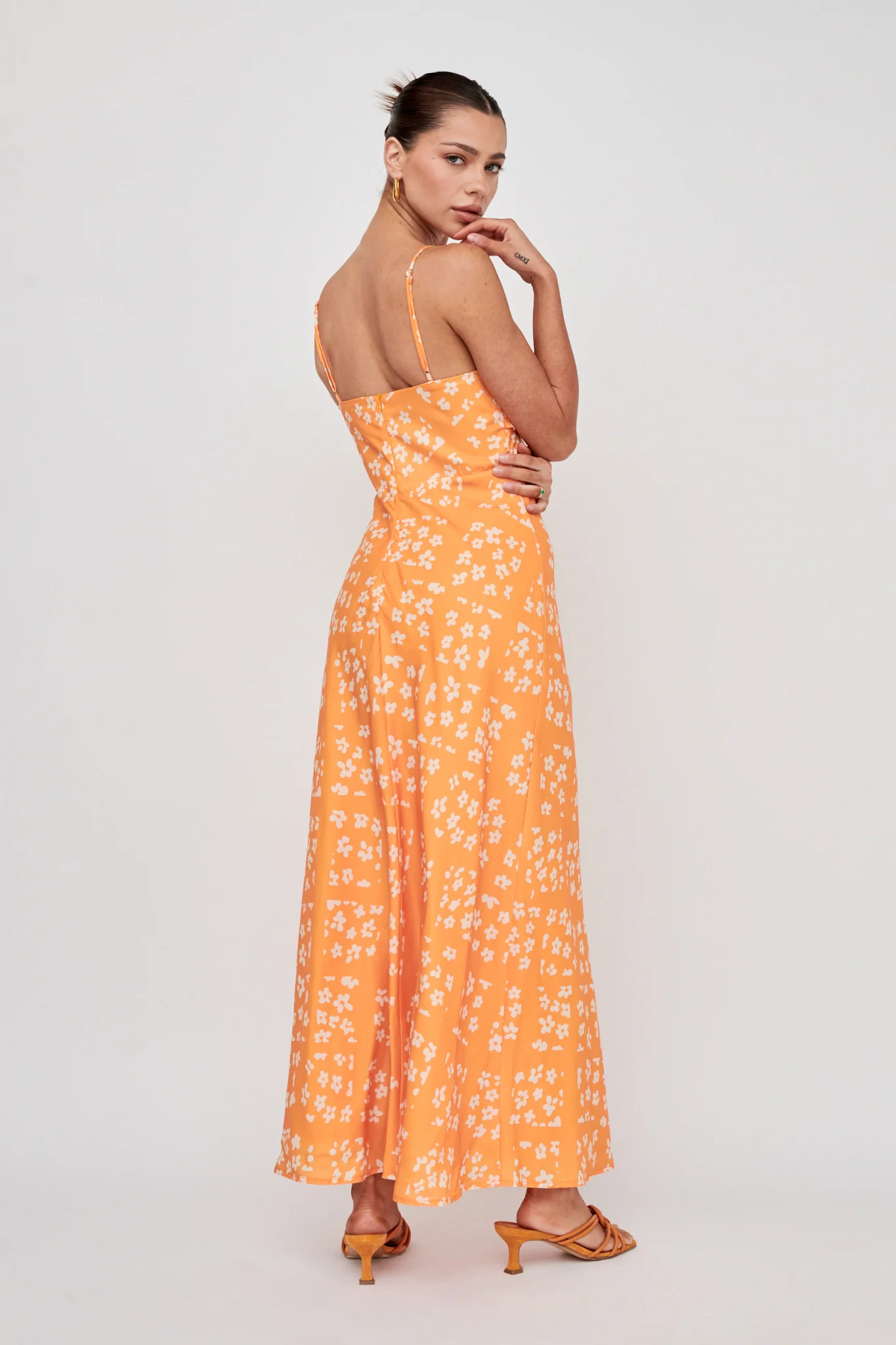 Anja Frill Trim Maxi Dress Print Orange White - Seraphlike