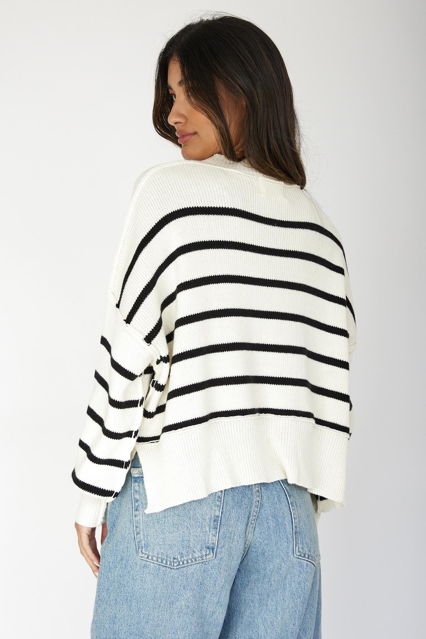Fly High Drop Shoulder Knit Sweater Stripe Beige - Seraphlike