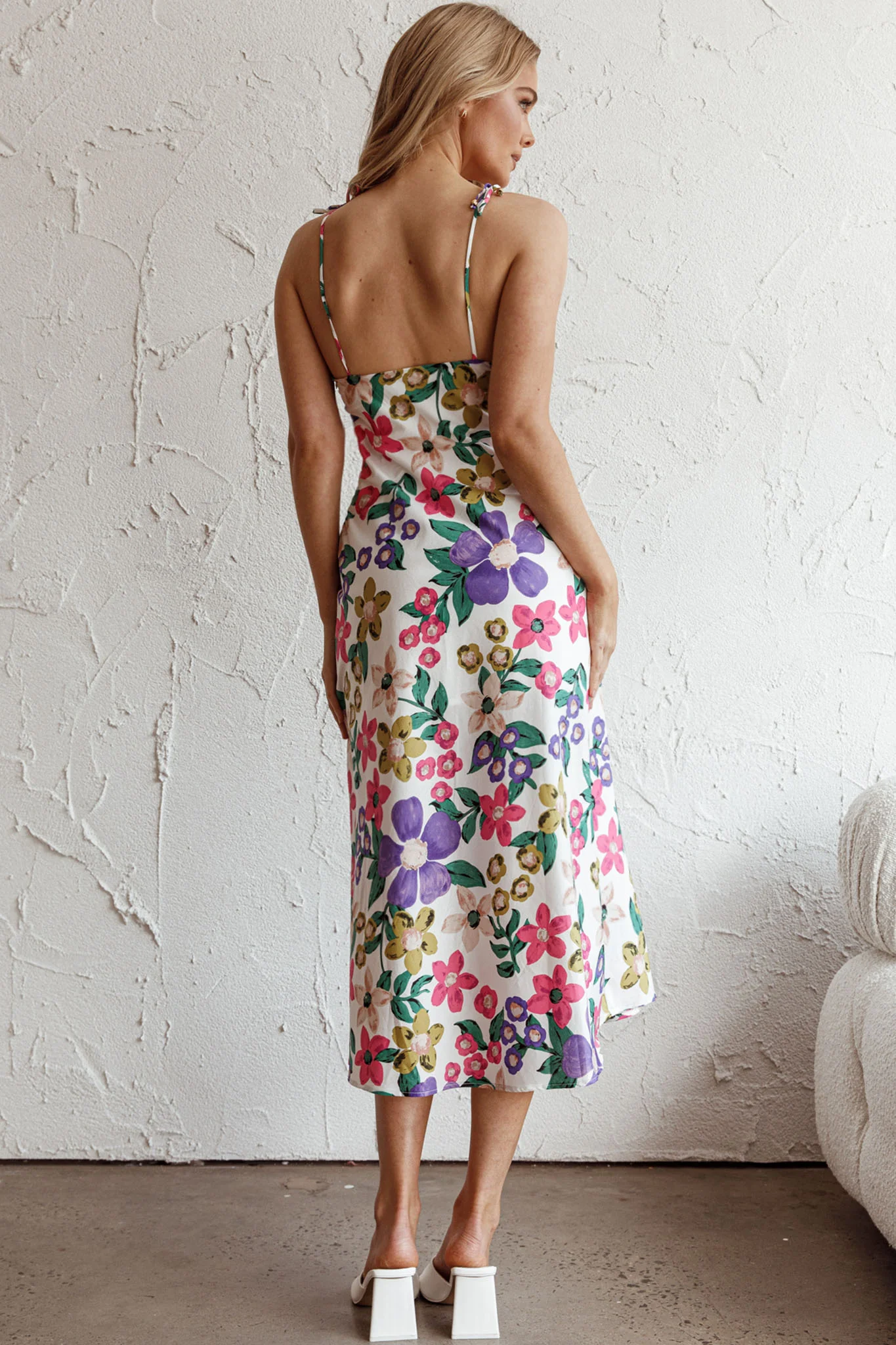 Clovelly Tied Shoulder Midi Dress Flower White - Seraphlike