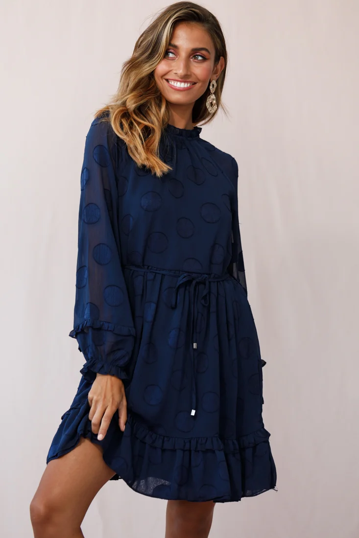 Tracee High Neckline Sheer Sleeve Polka Dot Dress Navy - Seraphlike