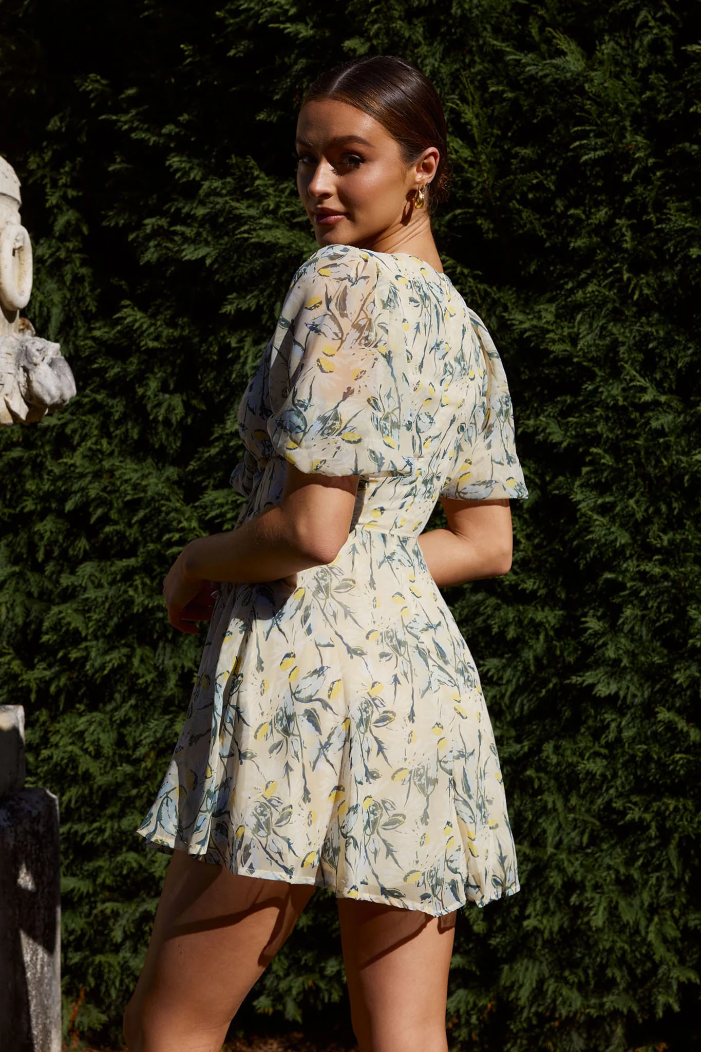 Madison Bow Tie Bust Puff Sleeve Dress Floral Green - Seraphlike