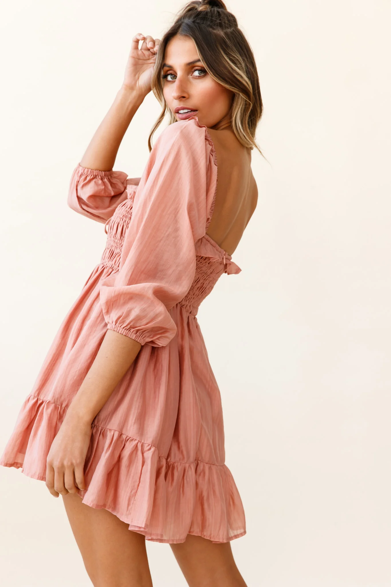 Flynn Balloon Sleeve Shirred Bust Mini Dress Mocha - Seraphlike