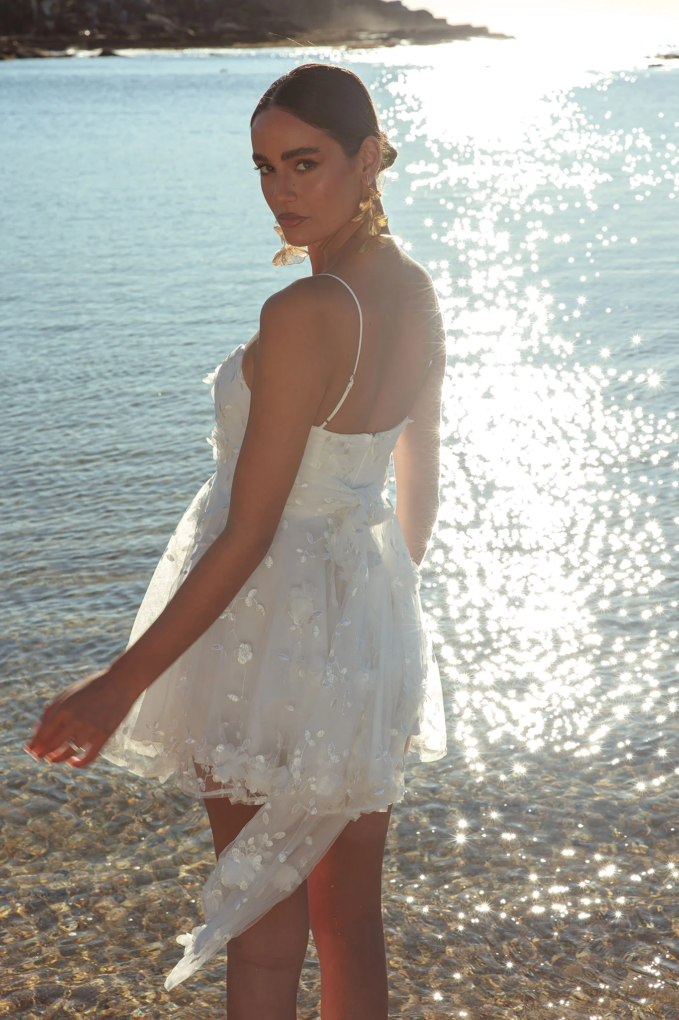 Athens Floral Bow Mini Dress White - Seraphlike