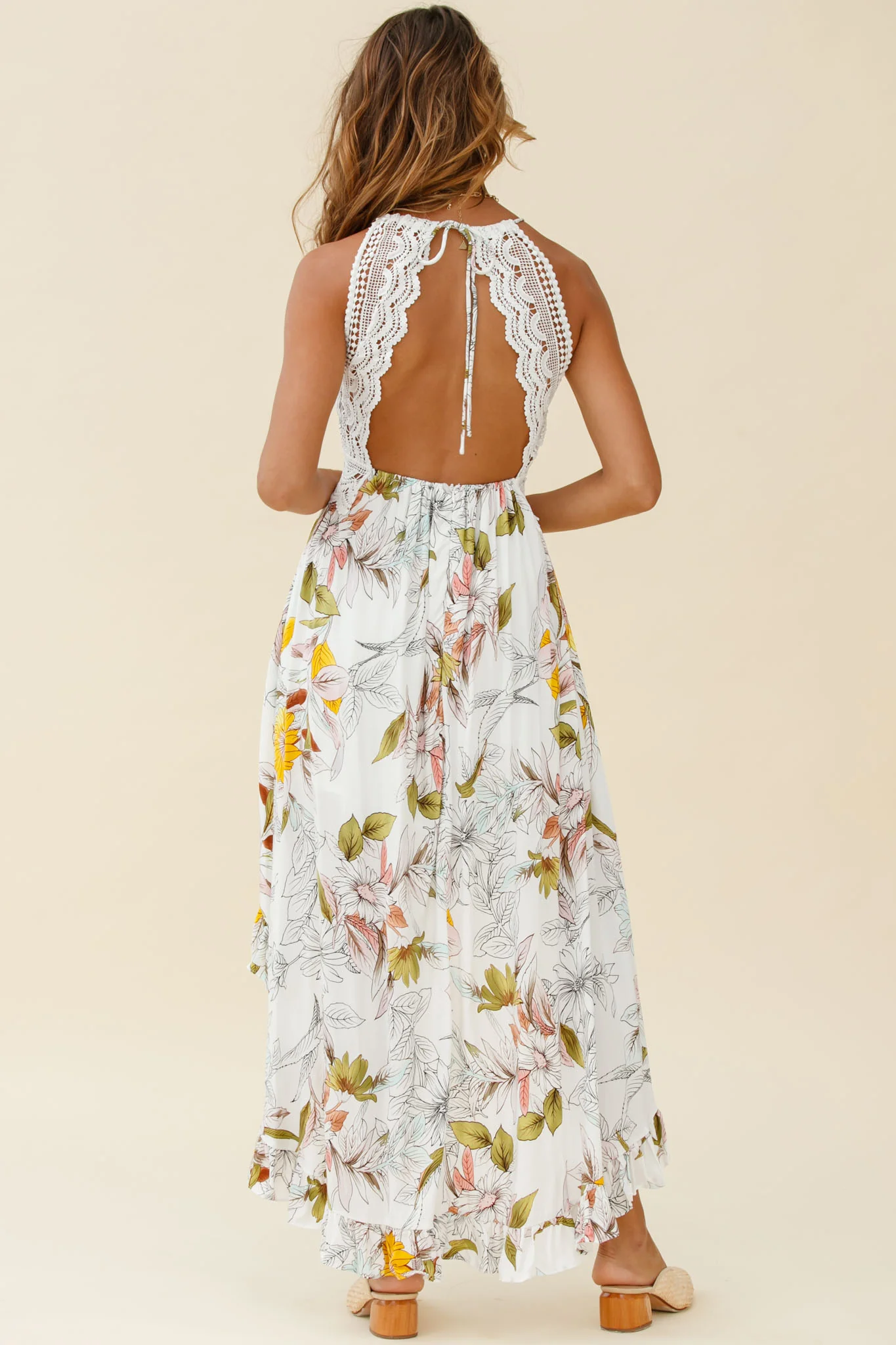 Over The Moon High-Low Hem Crochet Lace Dress Floral Print White - Seraphlike