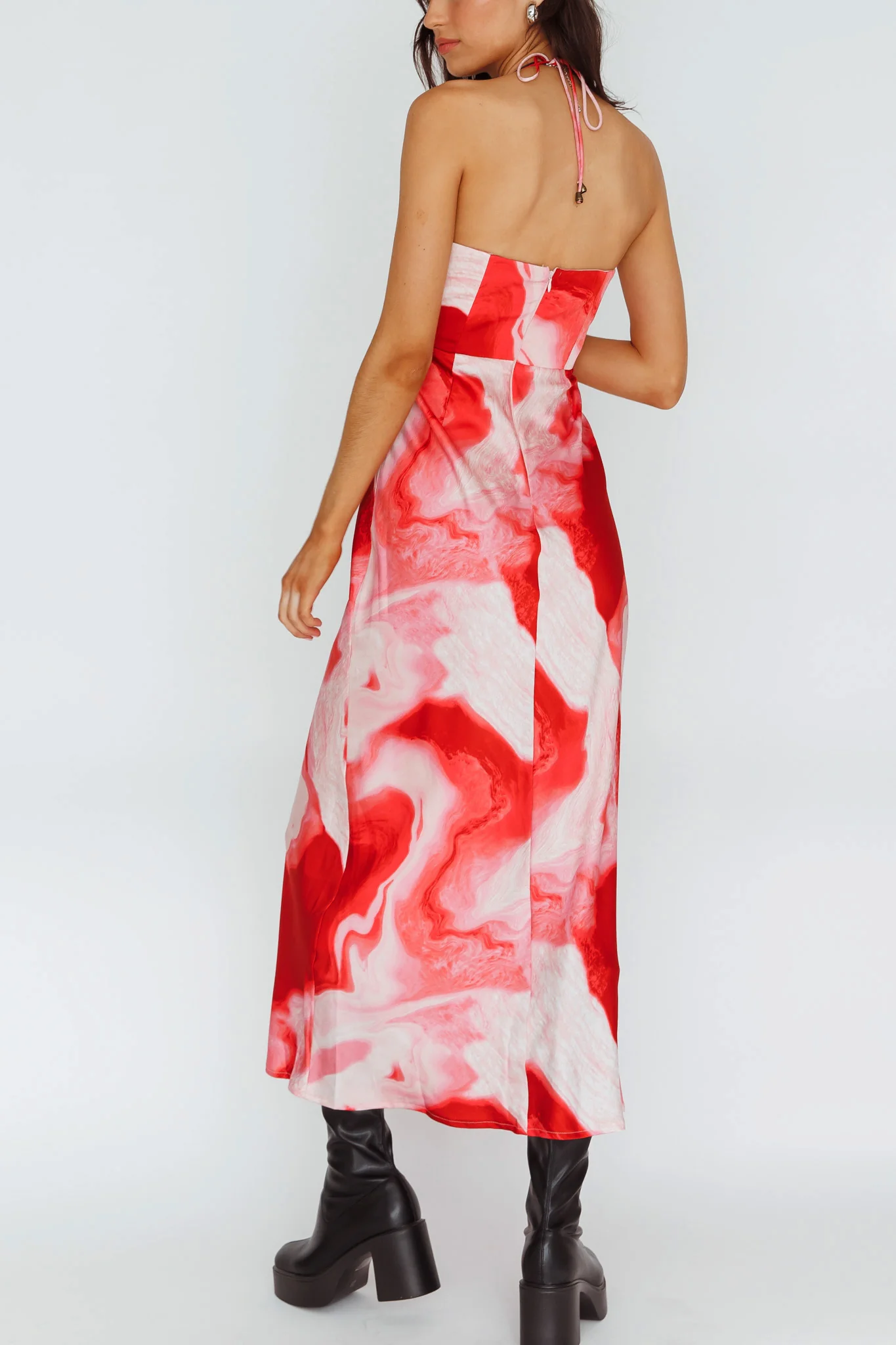 Marcello Cowl Halterneck Midi Dress Marble Red - Seraphlike