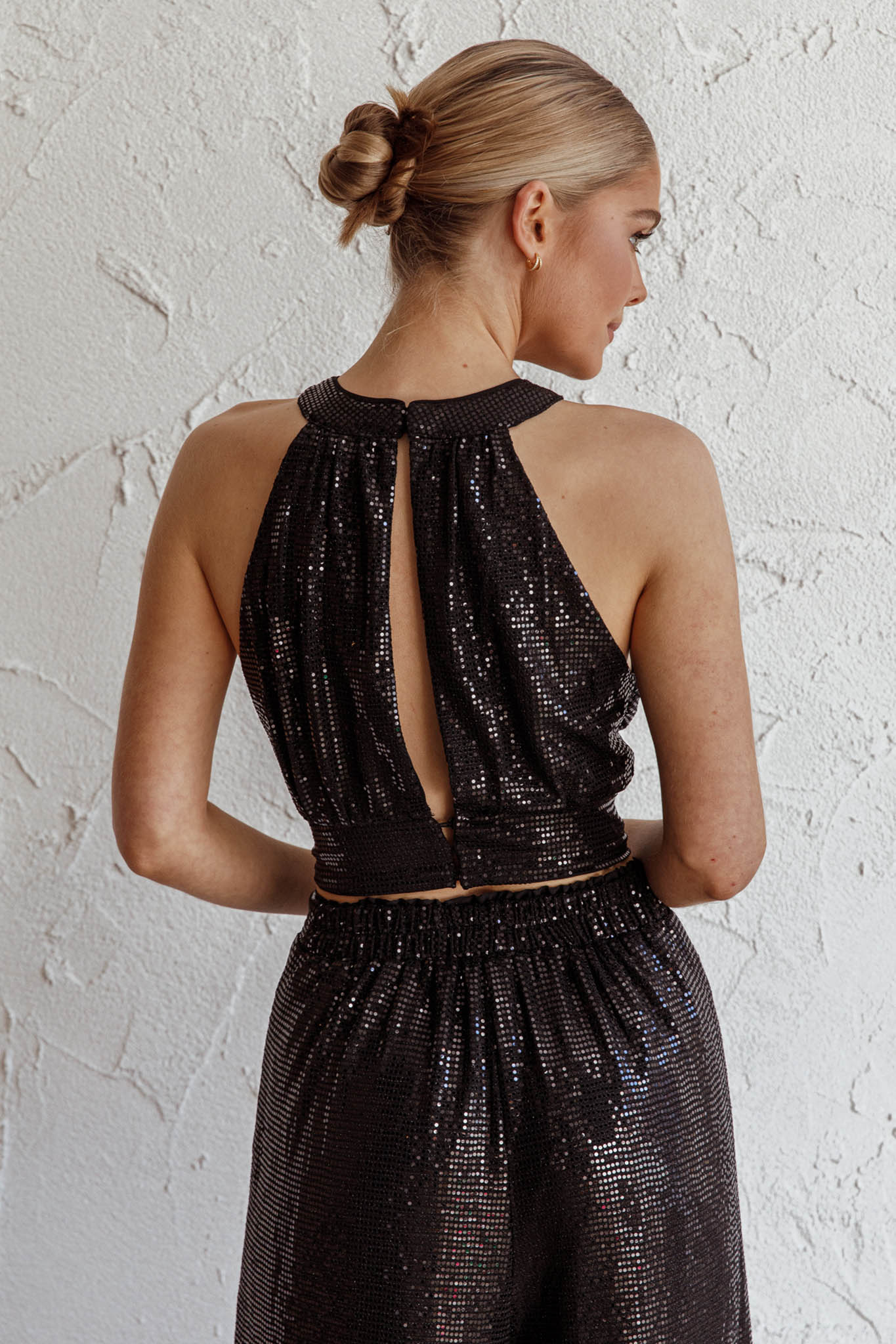 Anything Goes Draped Sequin Crop Top Black - Seraphlike