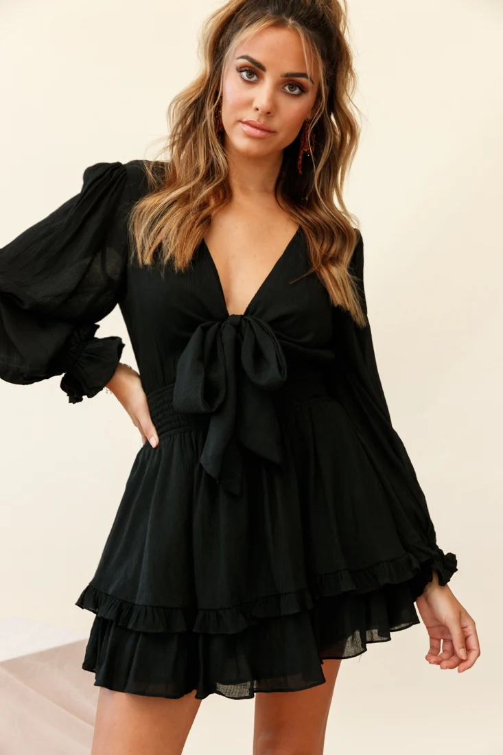 Anthea Bow-Tie Front Layered Frill Dress Black - Seraphlike