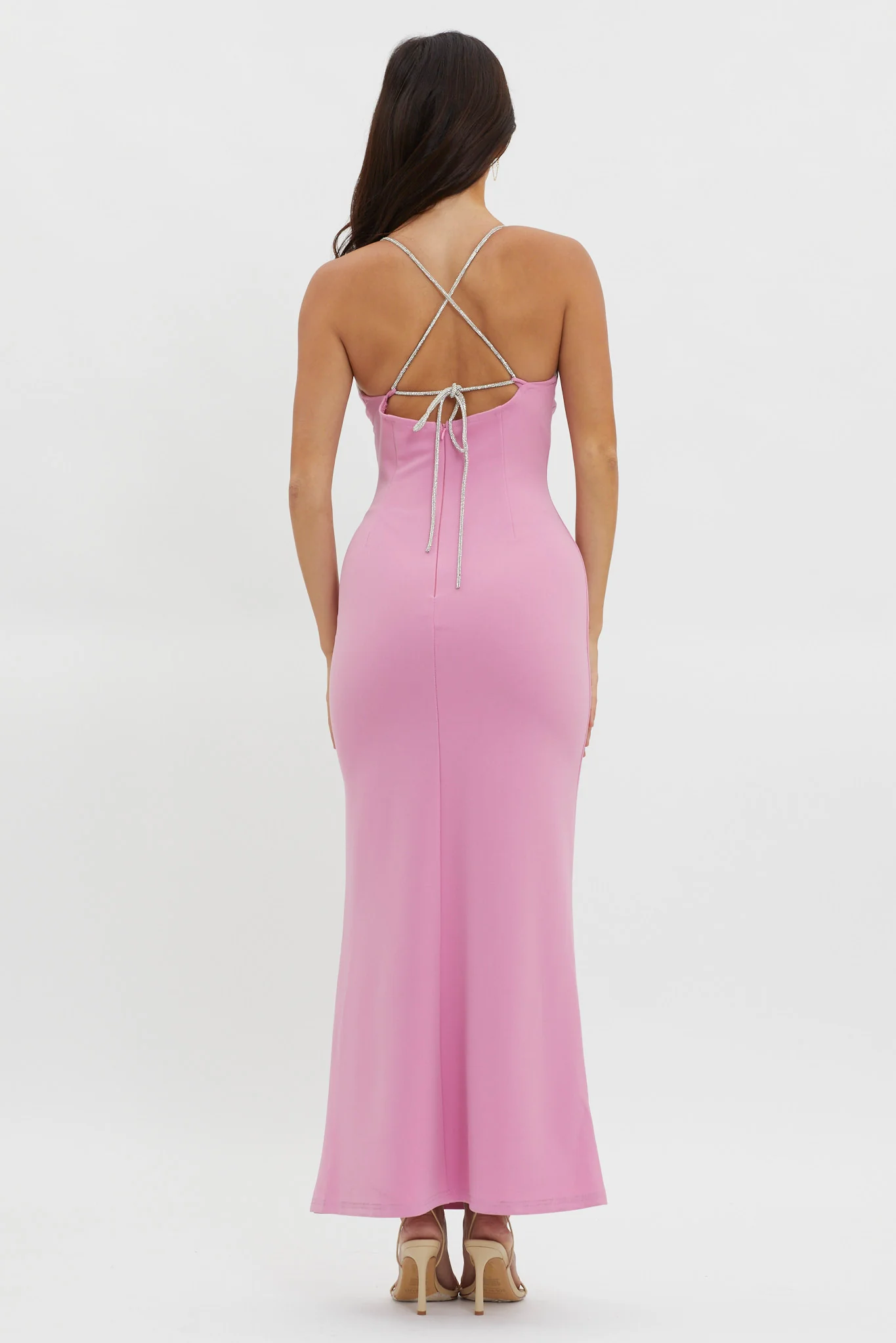 Harleigh Diamante Strap Tied Back Dress Pink - Seraphlike