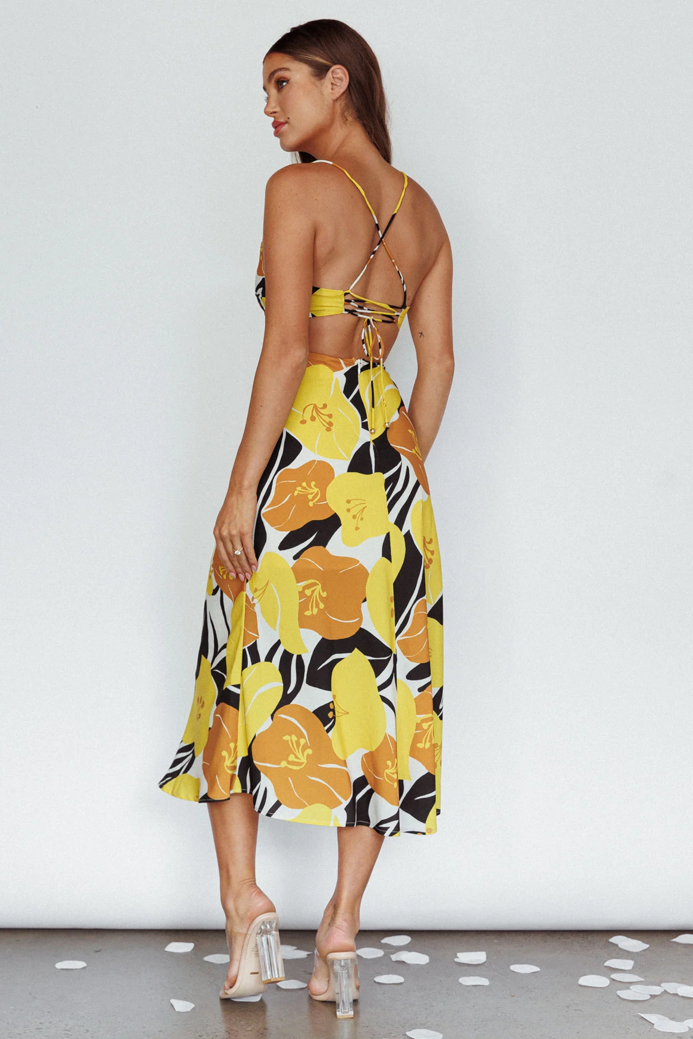 Sunday Bliss Tie-Up Back Cowl Neck Midi Dress Flower Yellow - Seraphlike