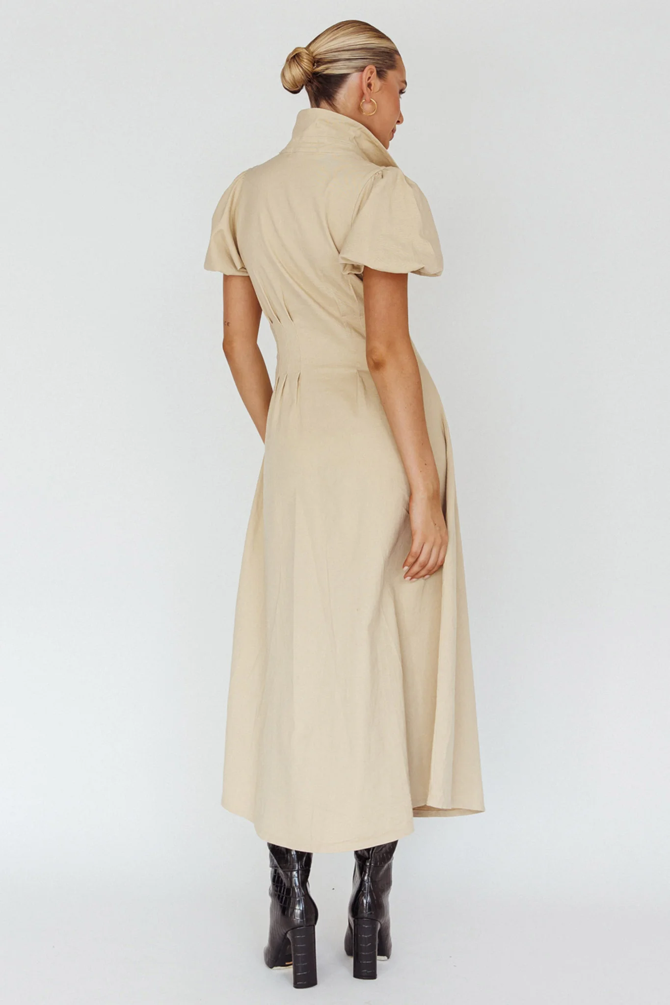 Zurich Pleated Waist Midi Dress Beige - Seraphlike