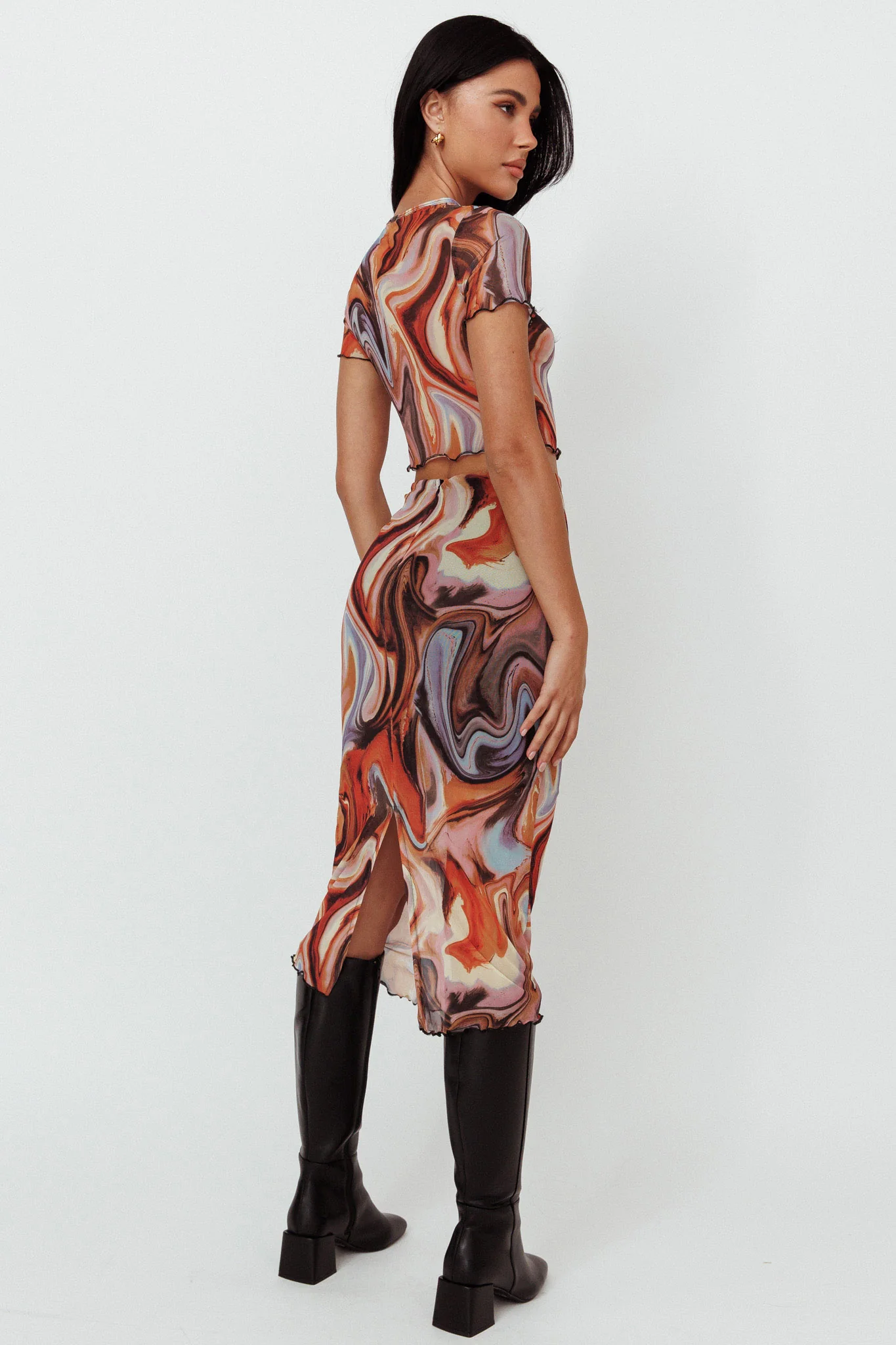 Priyanka Lettuce Edge Mesh Midi Skirt Brown Multi - Seraphlike