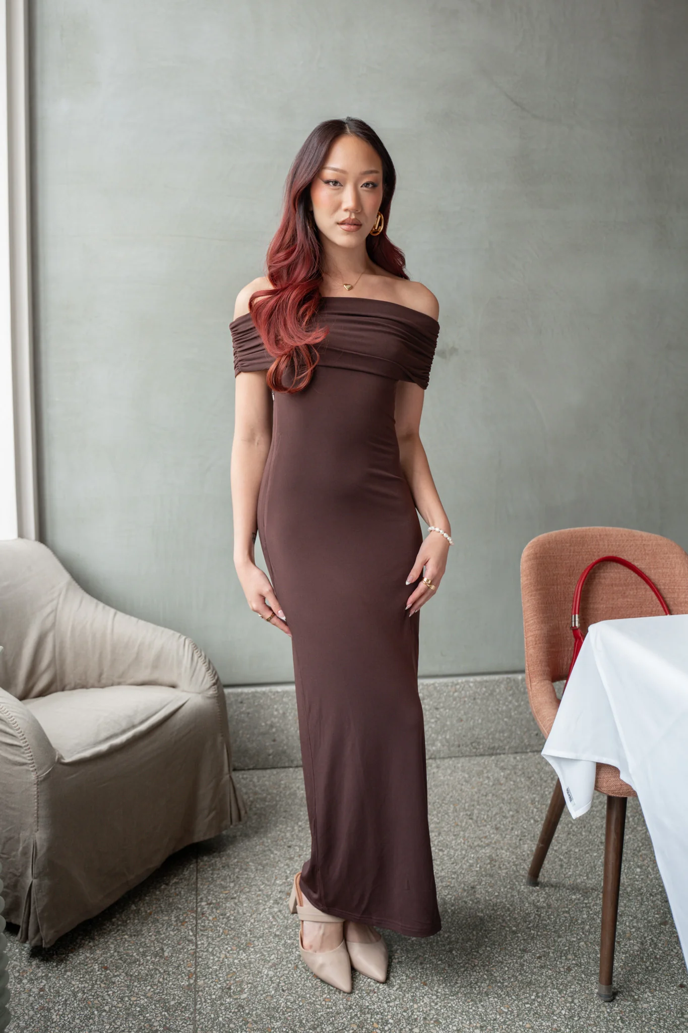 Cruising Sunset Off Shoulder Dress Chocolate - Seraphlike