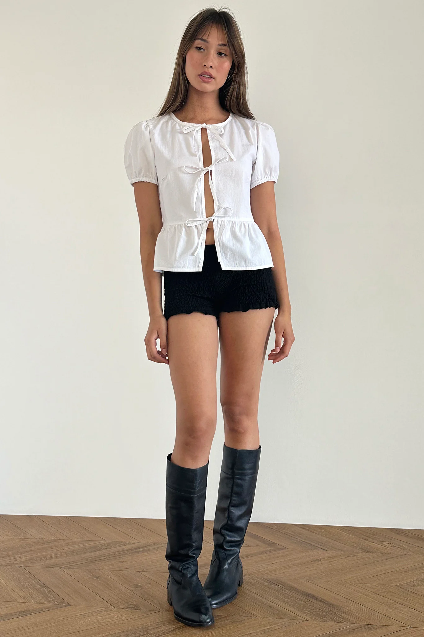 Scandi Puff Sleeve Tie Front Top White - Seraphlike