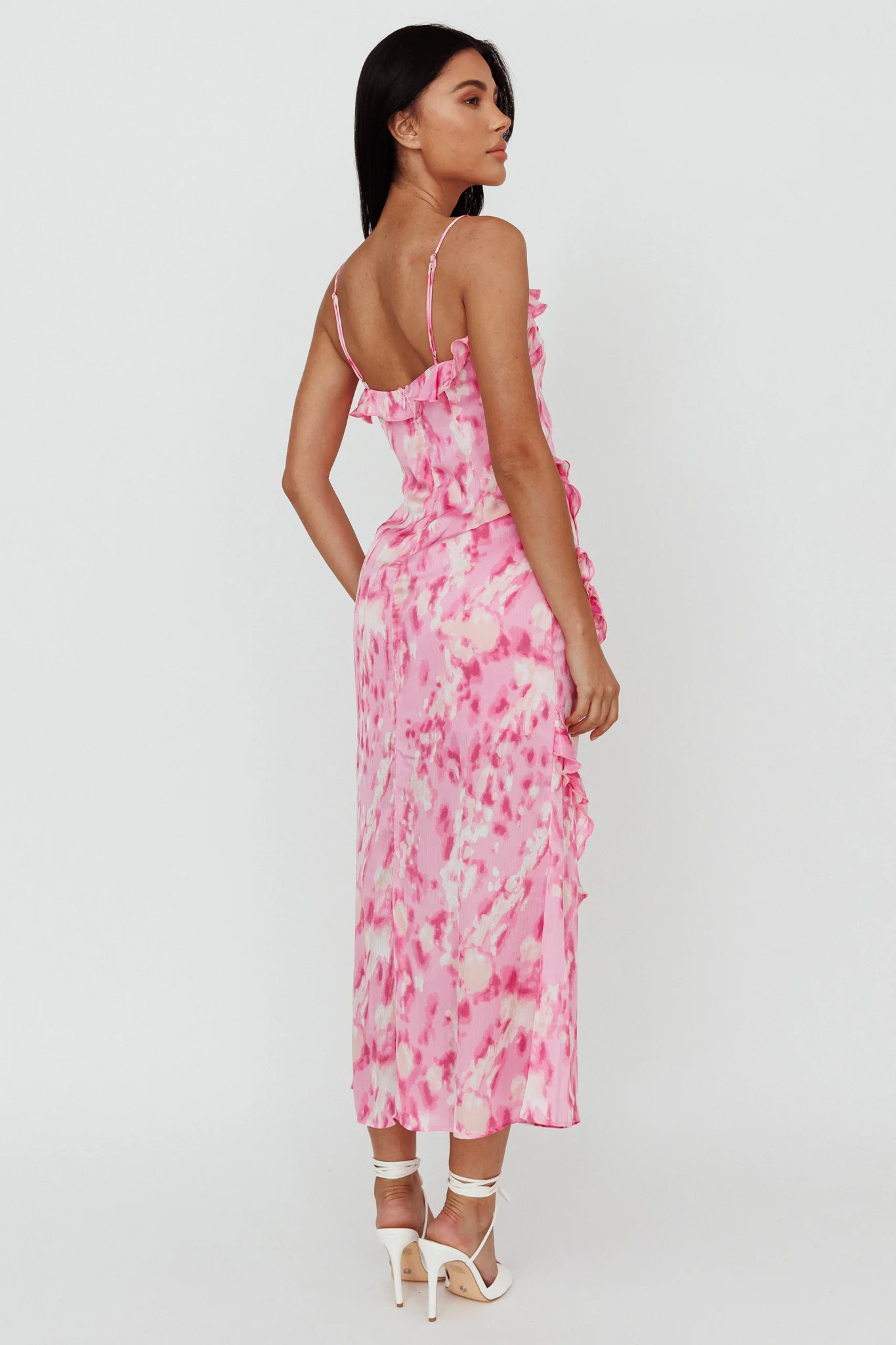 Silvana Frill Trim Midi Dress Print Pink - Seraphlike