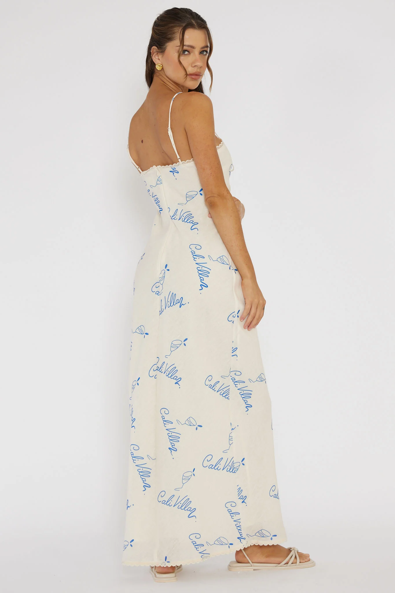 Cali Sunset Lace Trim Maxi Dress Print Blue - Seraphlike