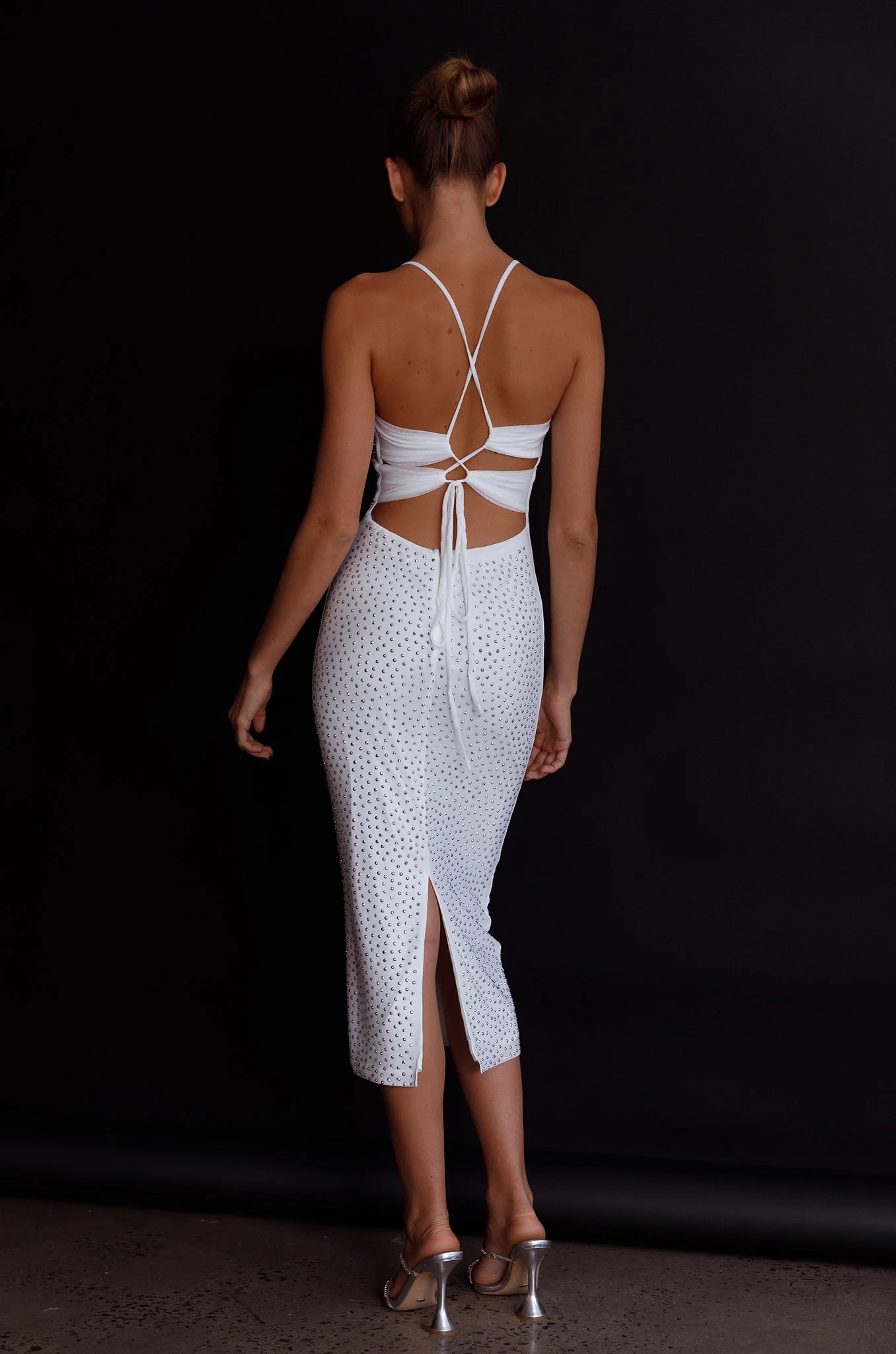 Goodnight Kiss Strappy Back Embellished Midi Dress Ivory - Seraphlike