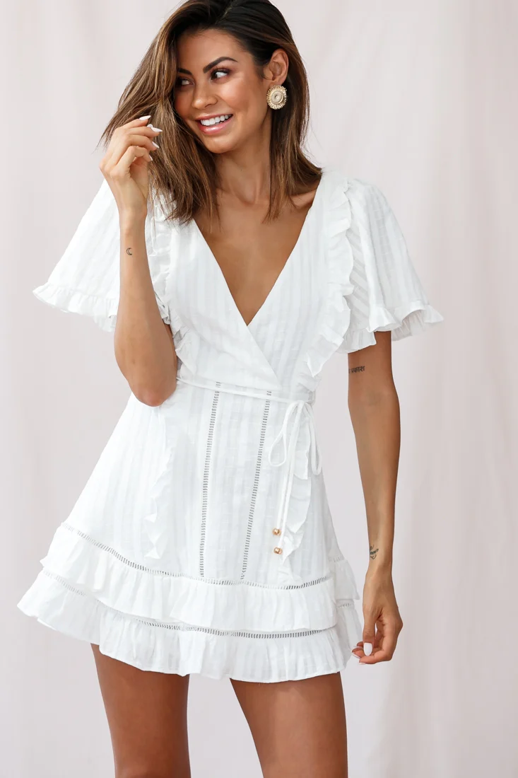 Marybelle Angel Sleeve A-Line Ruffle Dress White - Seraphlike
