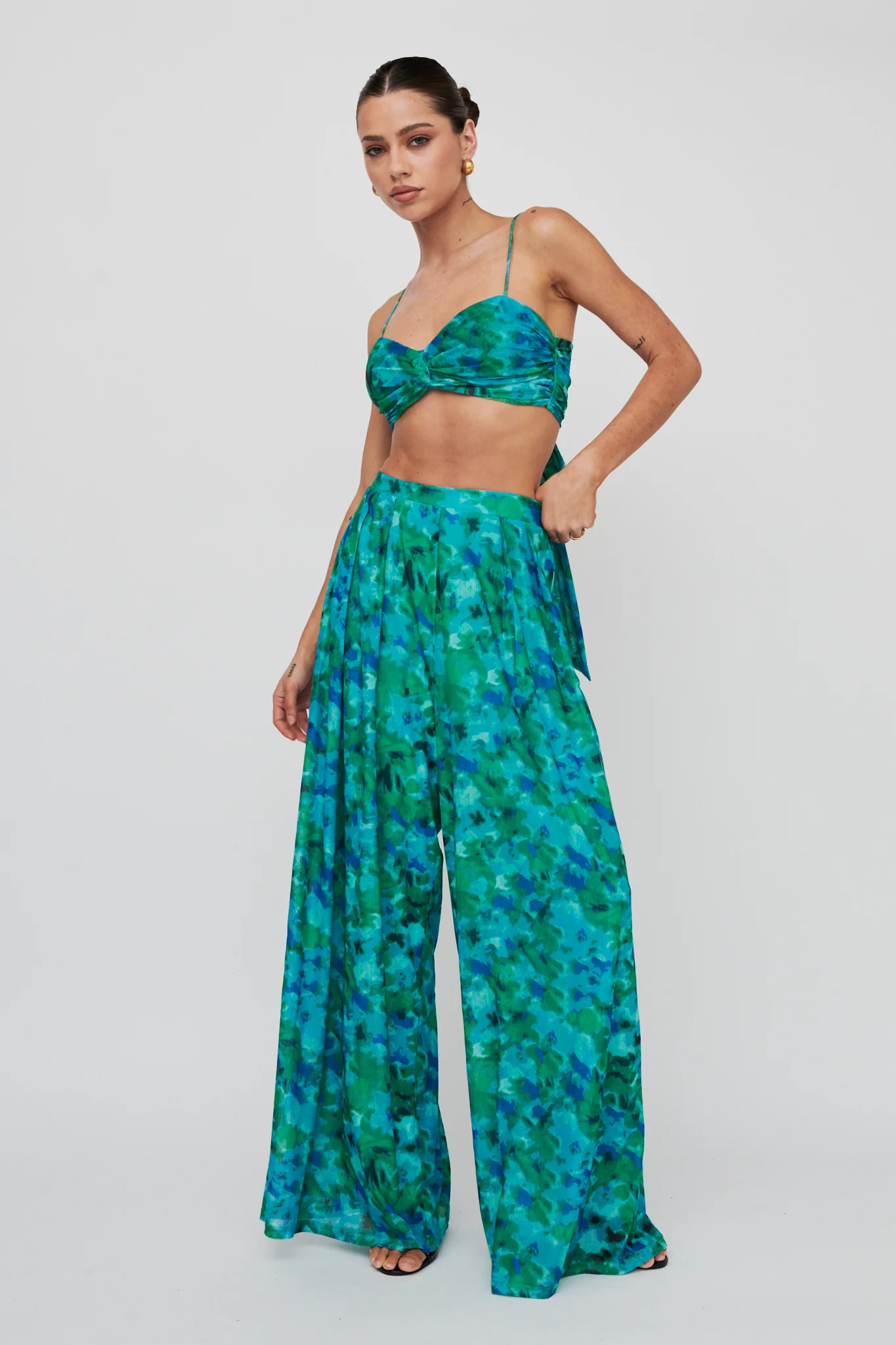 Tammi Wide Leg Satin Pants Floral Green - Seraphlike