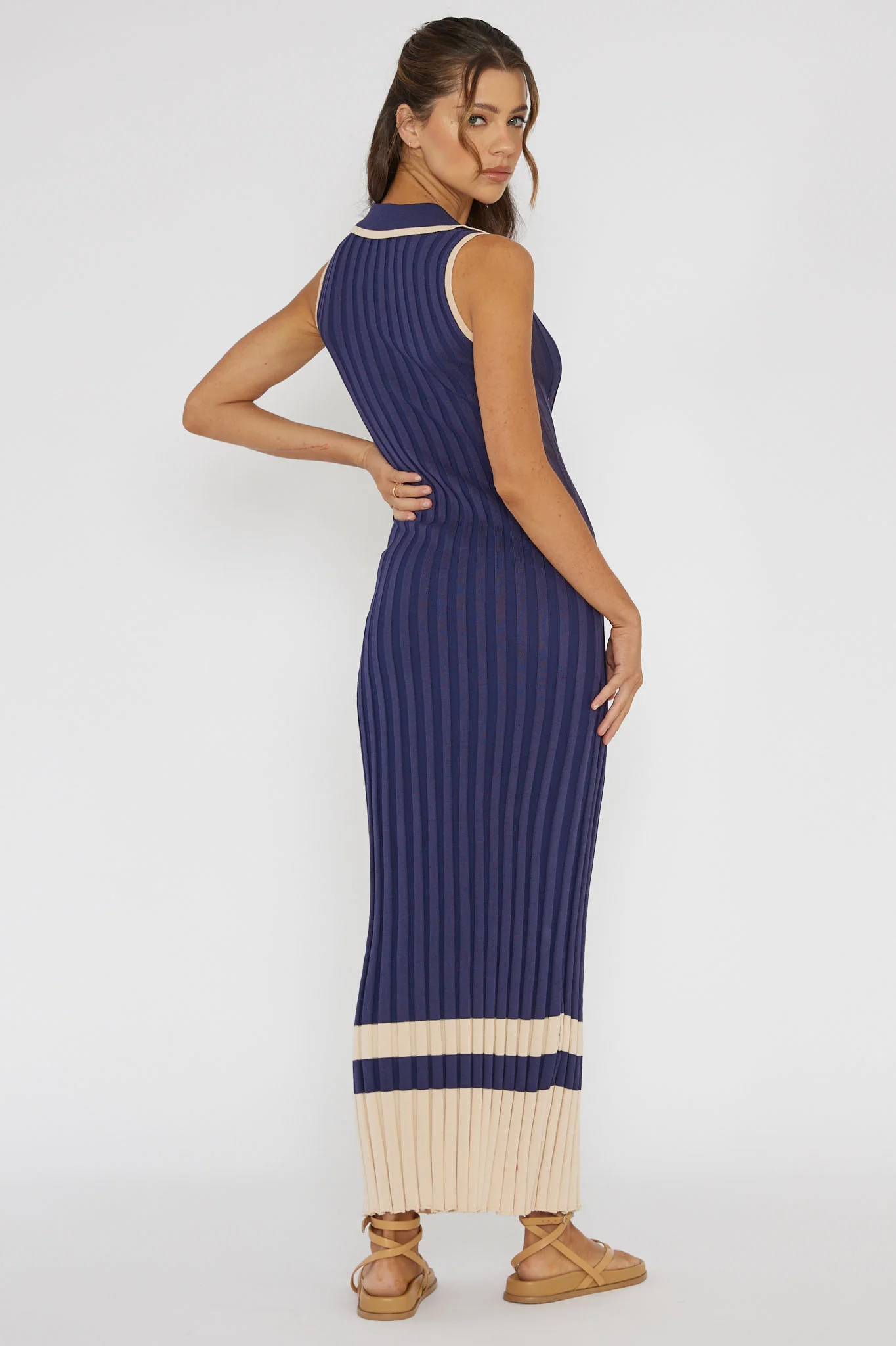 Cayla Button-Up Ribbed Knit Dress Navy - Seraphlike