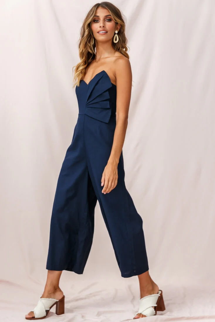 Call Me Wide-Leg Linen Bandeau Jumpsuit Navy - Seraphlike