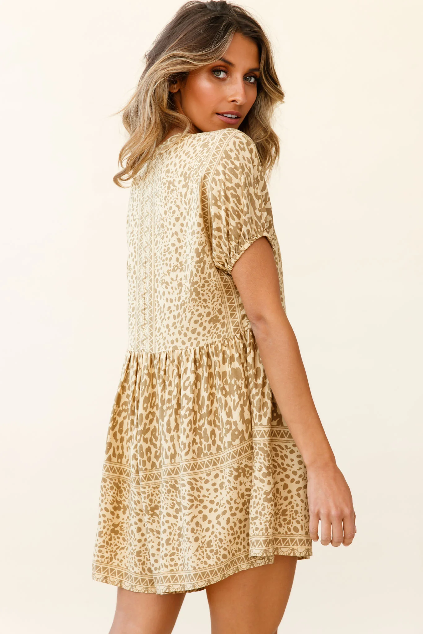 Time Flies Puff Sleeve T-Shirt Romper Animal Print Khaki - Seraphlike