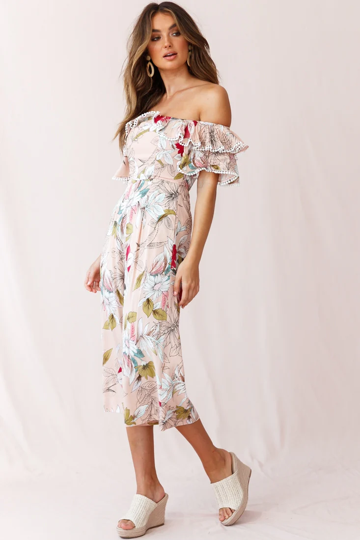 Keeper Off-Shoulder Culotte Jumpsuit Floral Print Mocha - Seraphlike