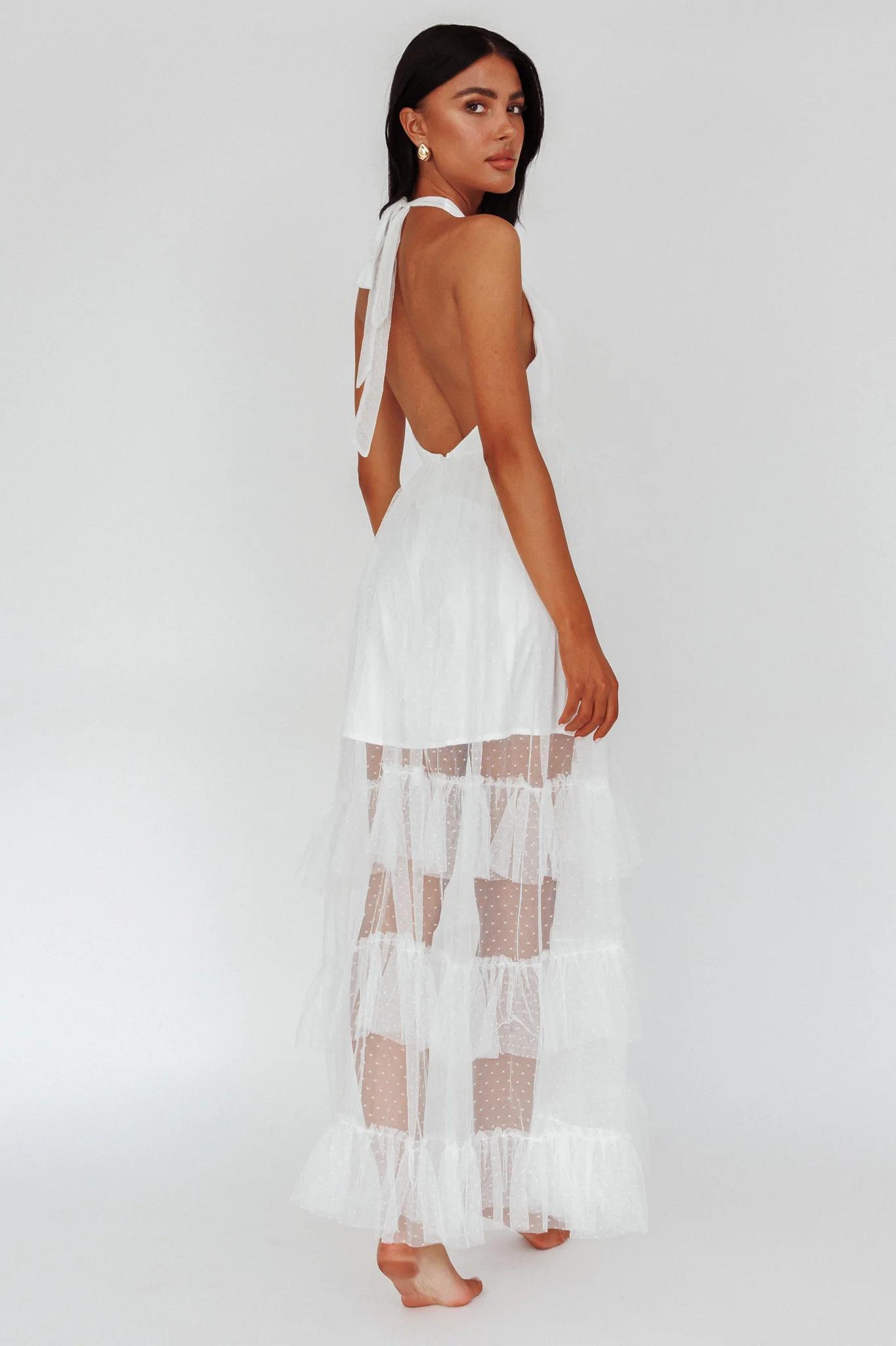 Moonlight Sonata Ruffle Mesh Maxi Dress Hail Spot White - Seraphlike
