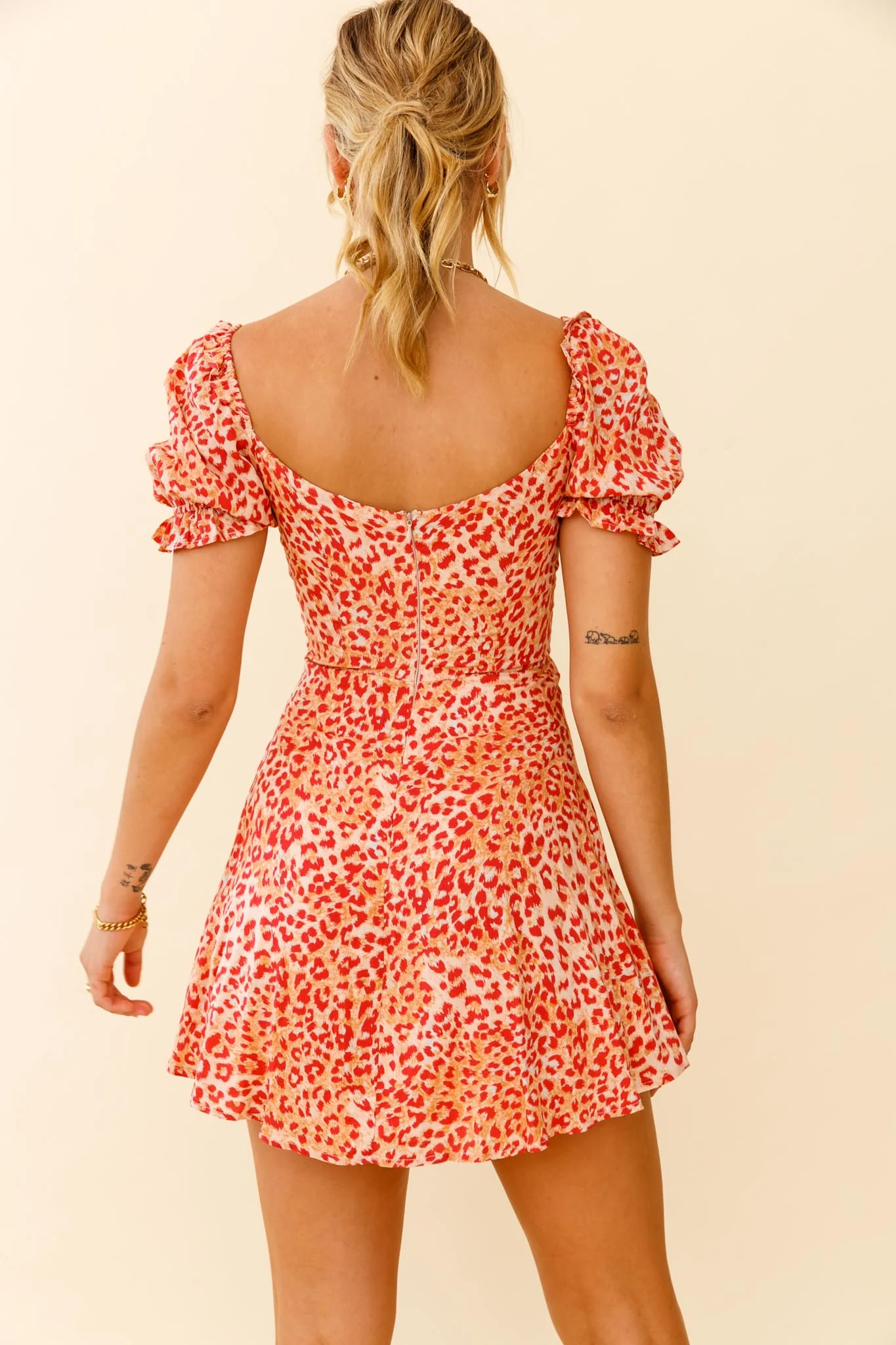 La Quinta Lace-Up Bust Drawstring Detail A-Line Dress Leopard Print Orange - Seraphlike