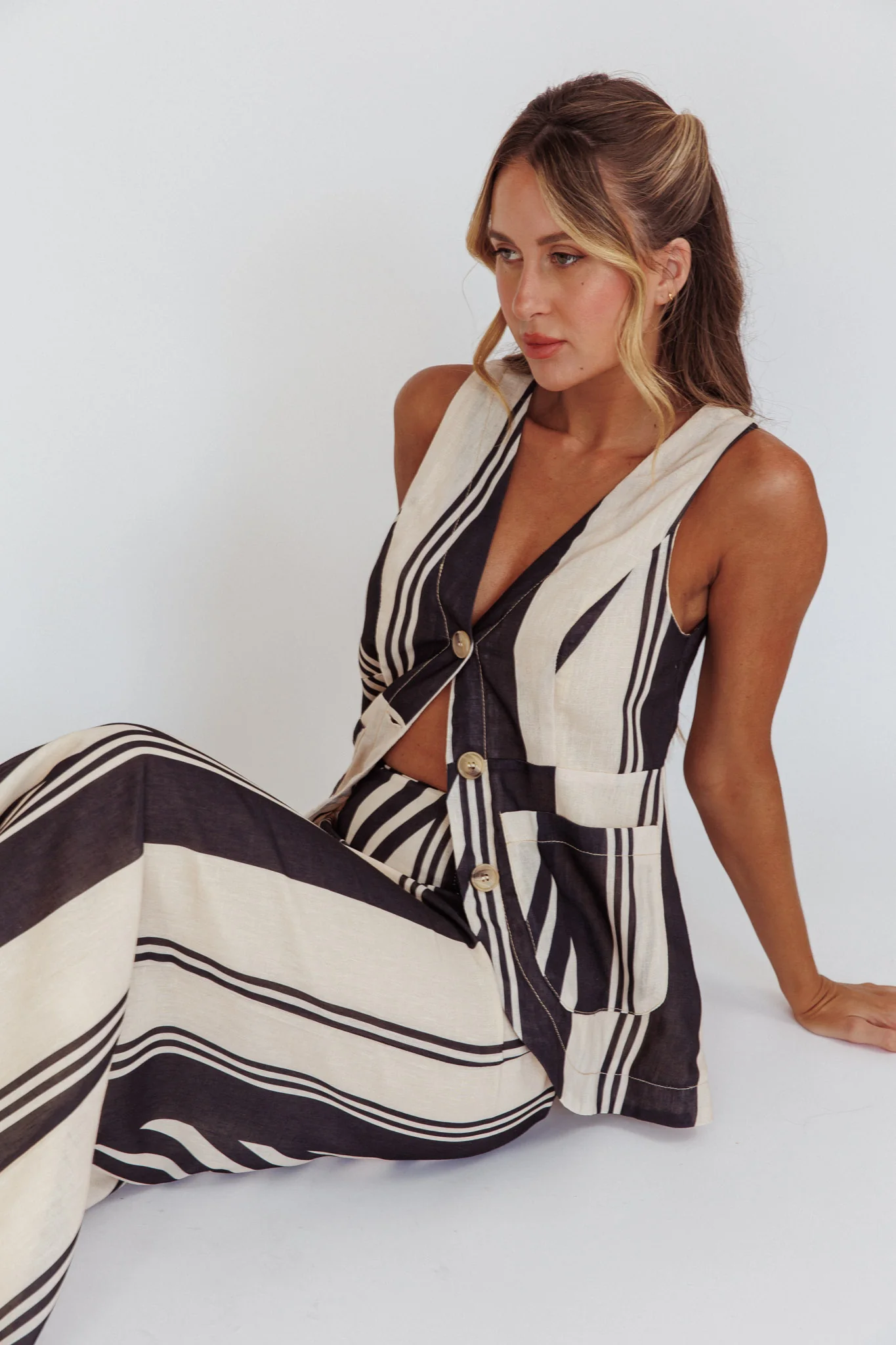 Philomena Button Pocket Vest Top Stripe Black - Seraphlike