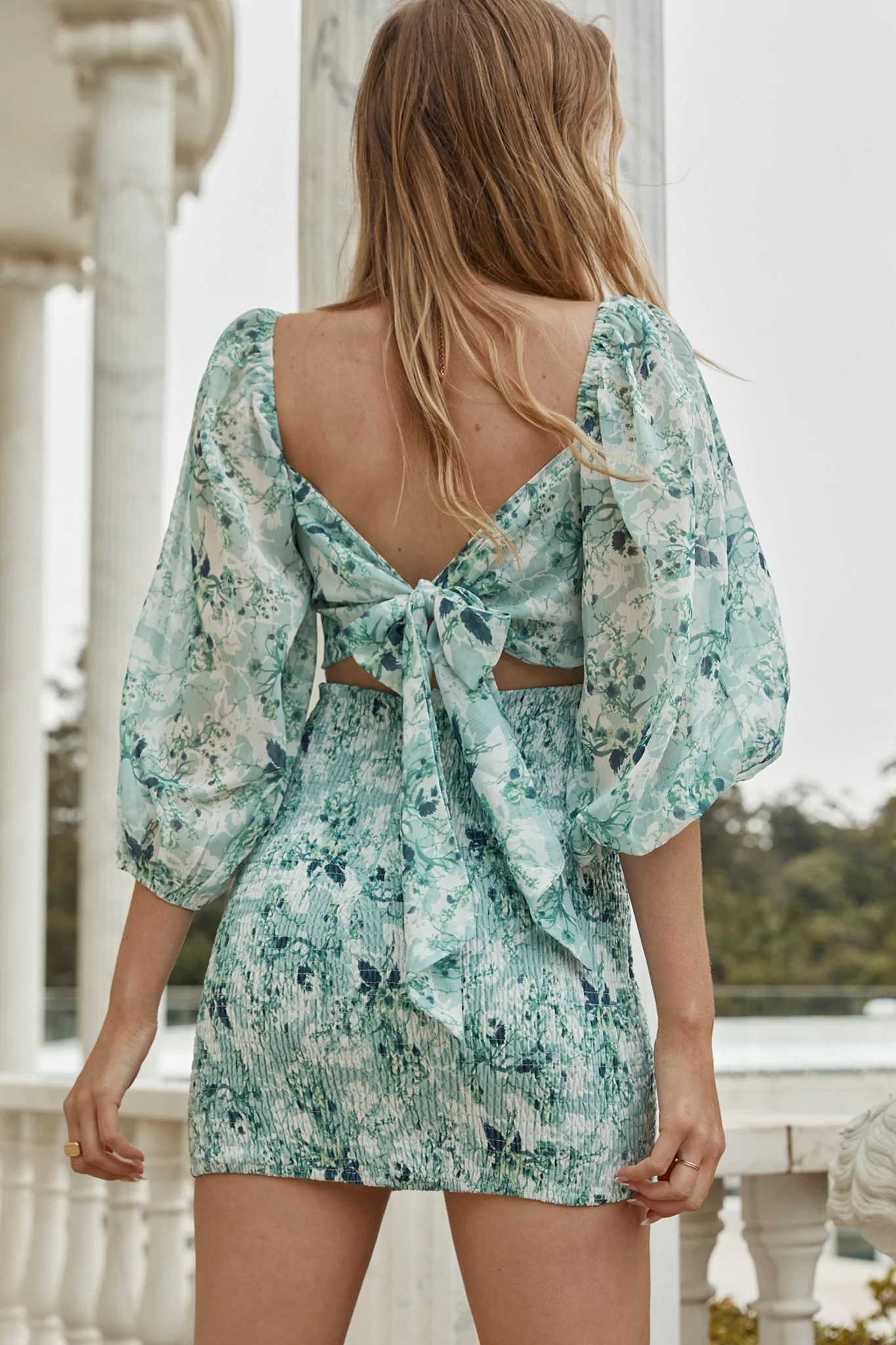 Joie Puff Sleeve Shirred Dress Floral Print Green - Seraphlike