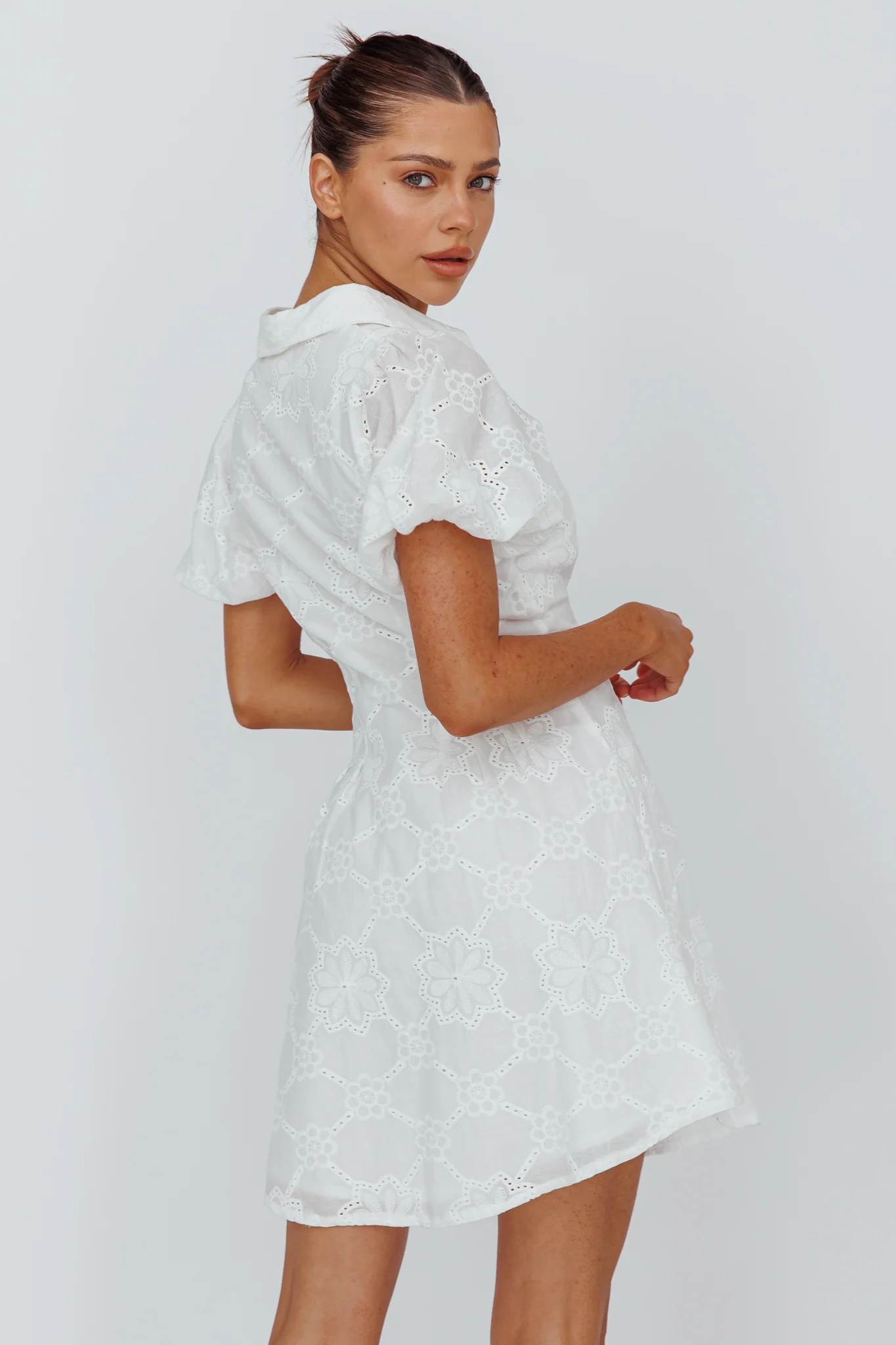 Zurich Pleated Waist Shirt Dress Eyelet White - Seraphlike