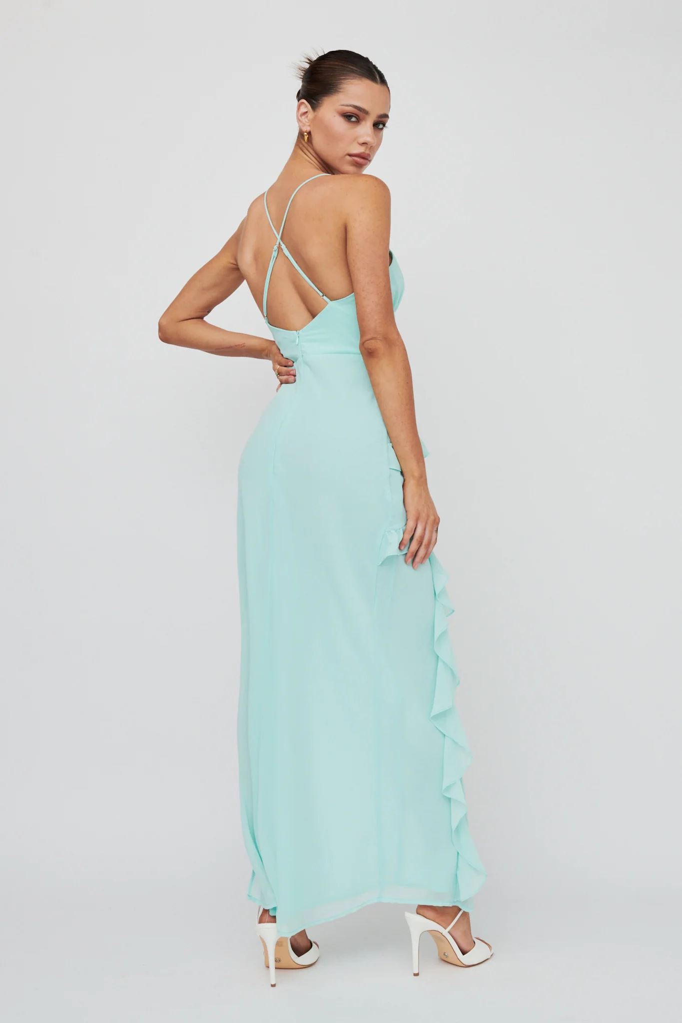 Check Mate Frill Trim Cut-Out Split Dress Mint - Seraphlike