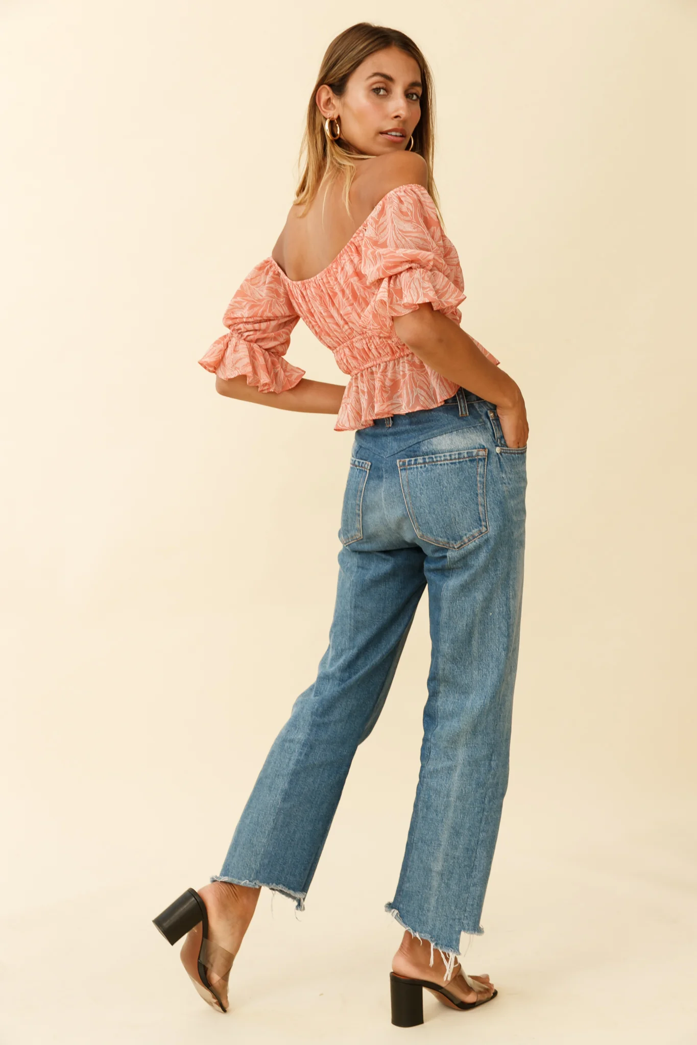 Josephina Off-Shoulder Lace-Up Front Crop Top Palm Print Pink - Seraphlike